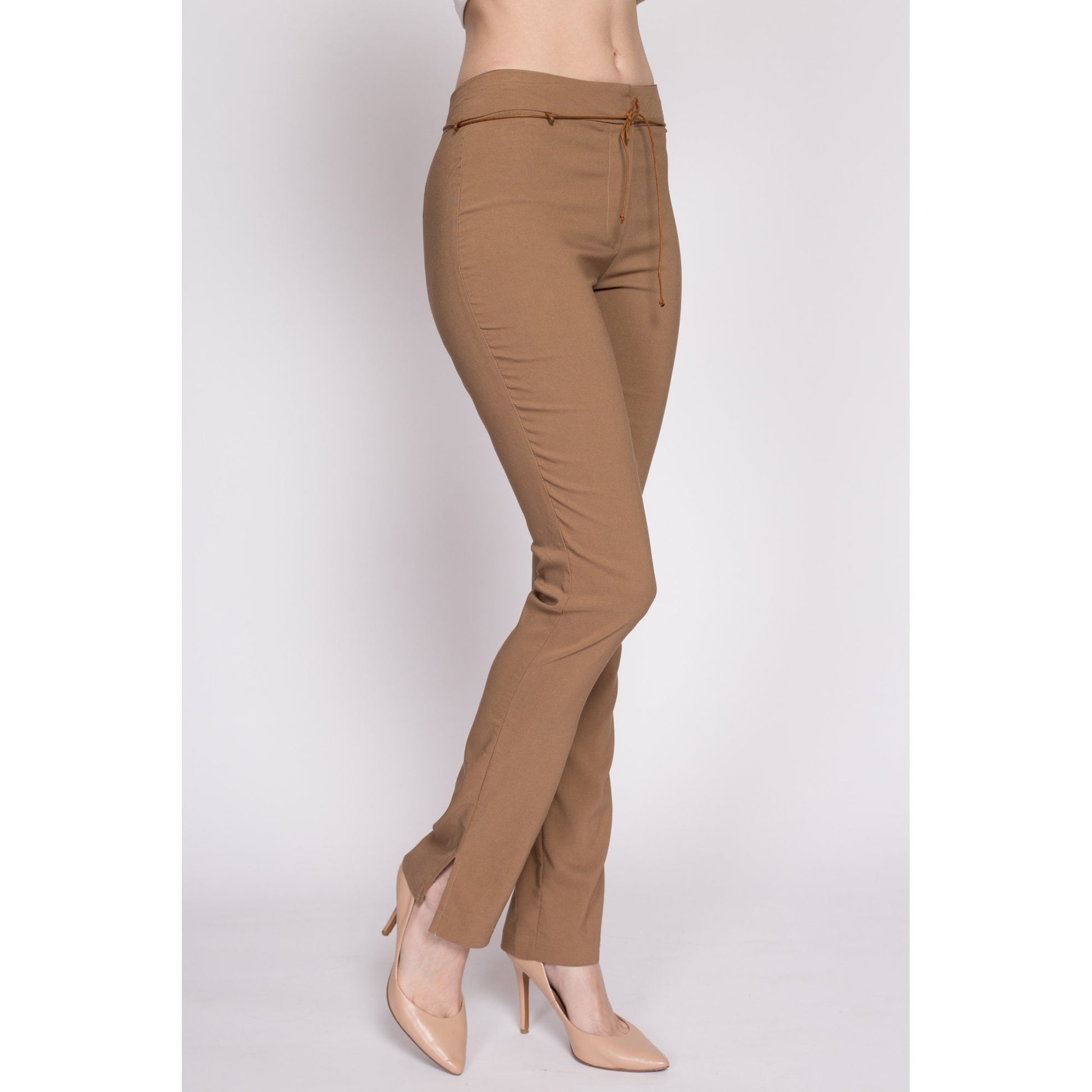 90s Y2K Mid Rise Slim Belted Pants - Extra Small | Vintage Split Leg Tan Stretchy Trousers