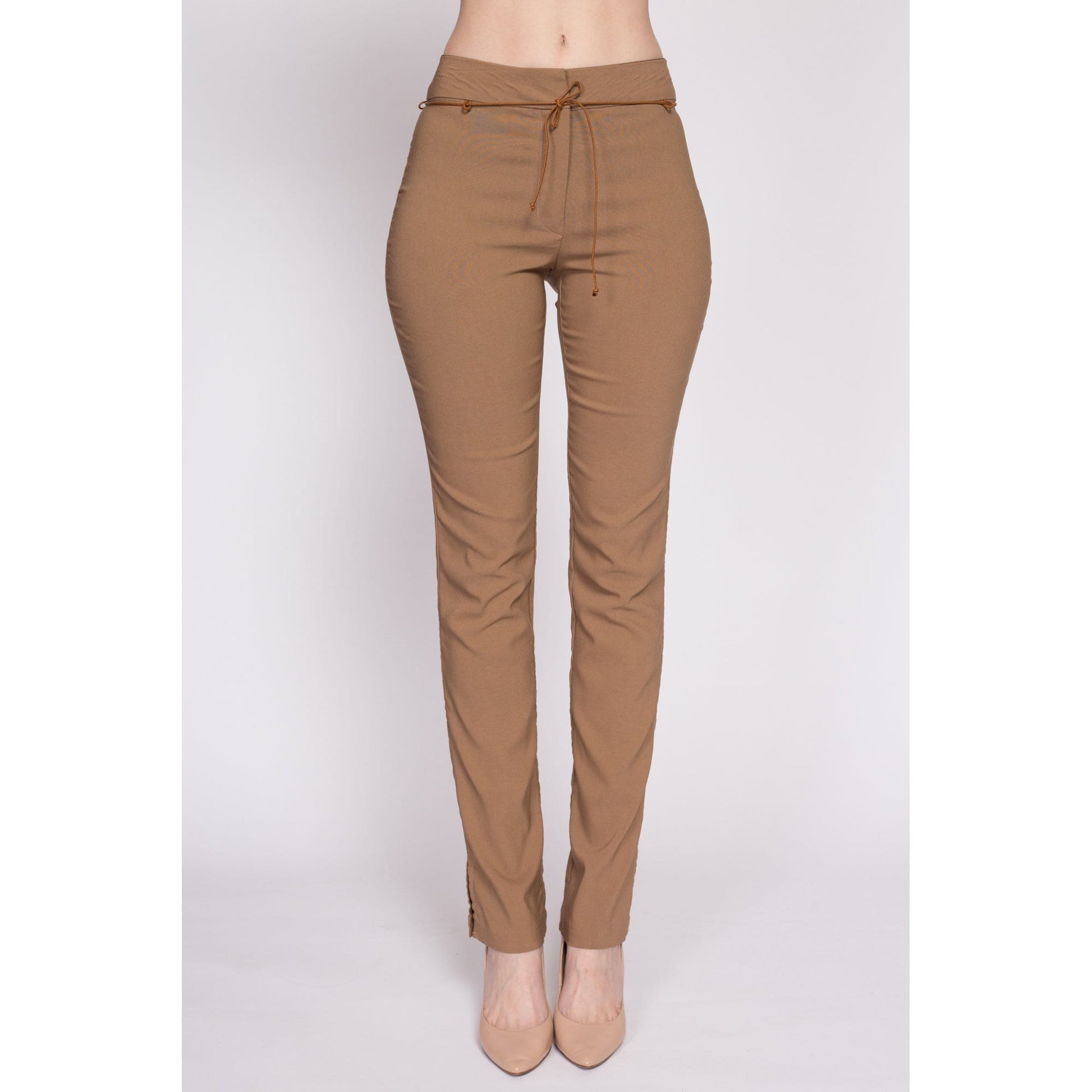 90s Y2K Mid Rise Slim Belted Pants - Extra Small | Vintage Split Leg Tan Stretchy Trousers