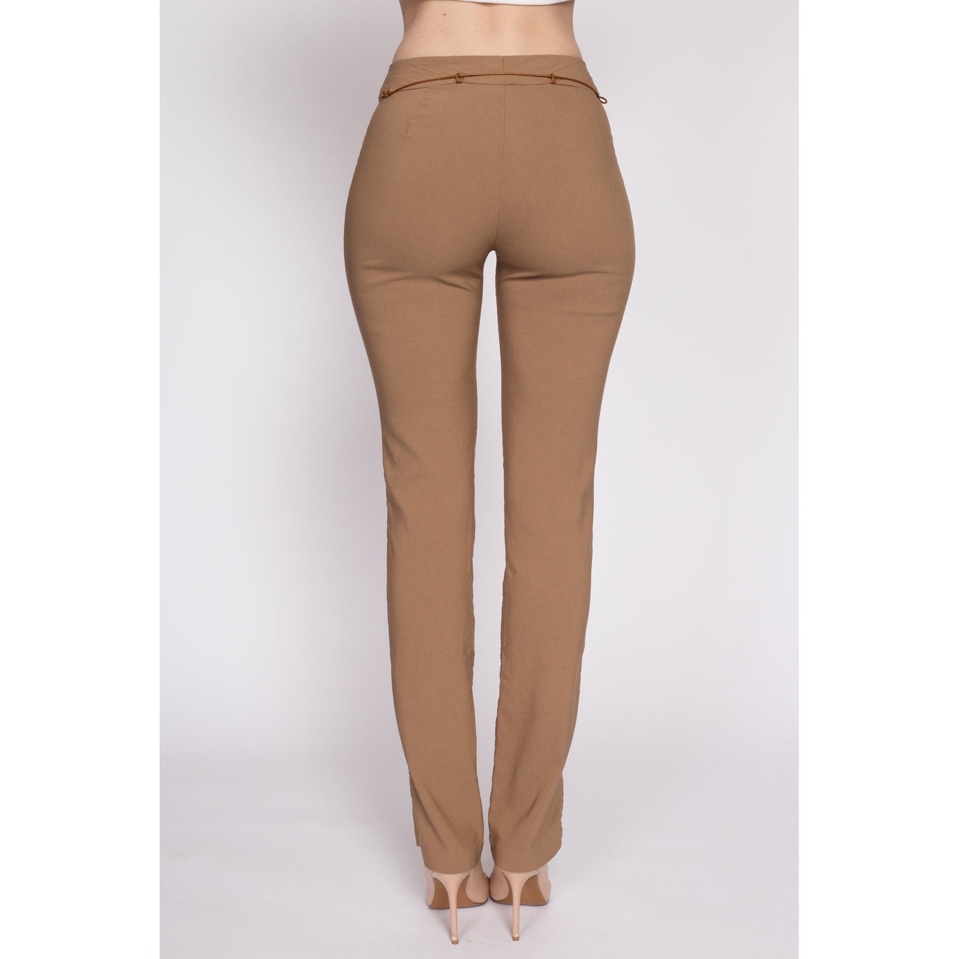 90s Y2K Mid Rise Slim Belted Pants - Extra Small | Vintage Split Leg Tan Stretchy Trousers