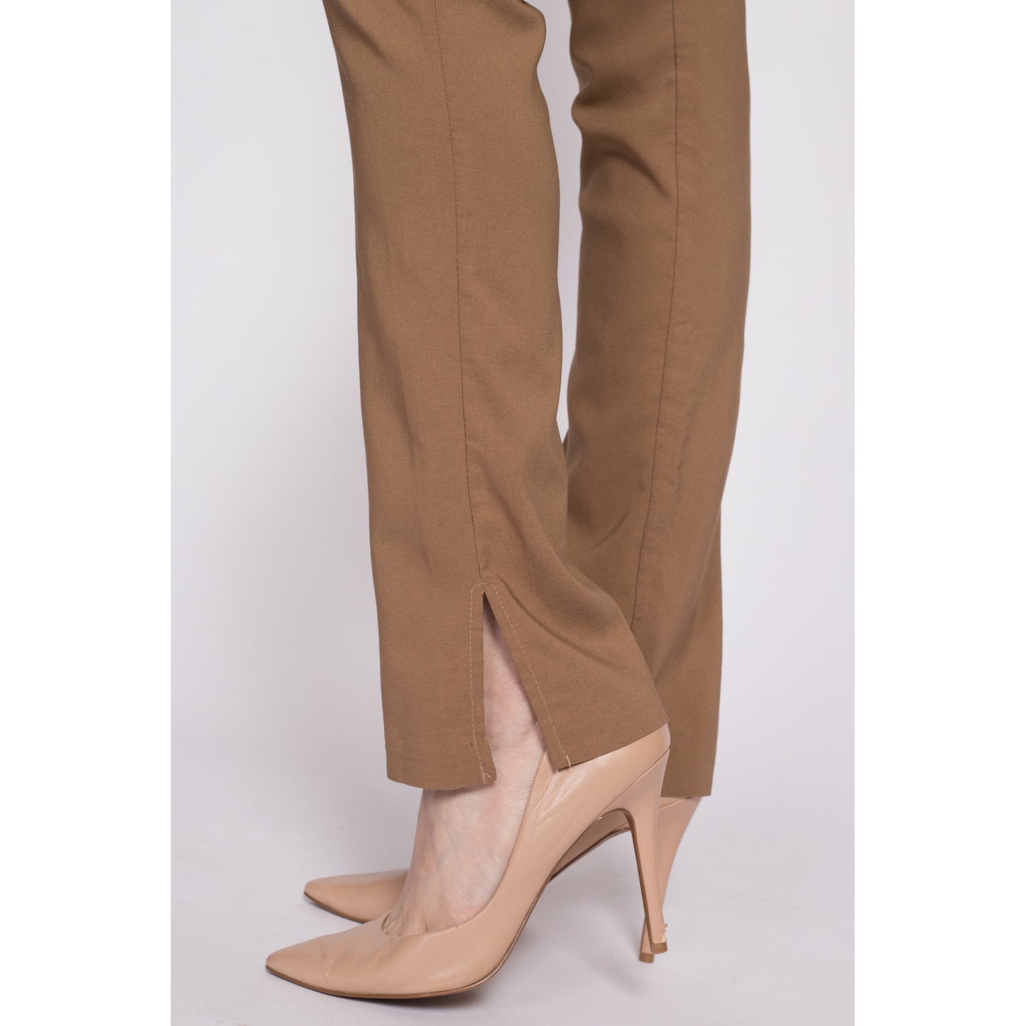 90s Y2K Mid Rise Slim Belted Pants - Extra Small | Vintage Split Leg Tan Stretchy Trousers