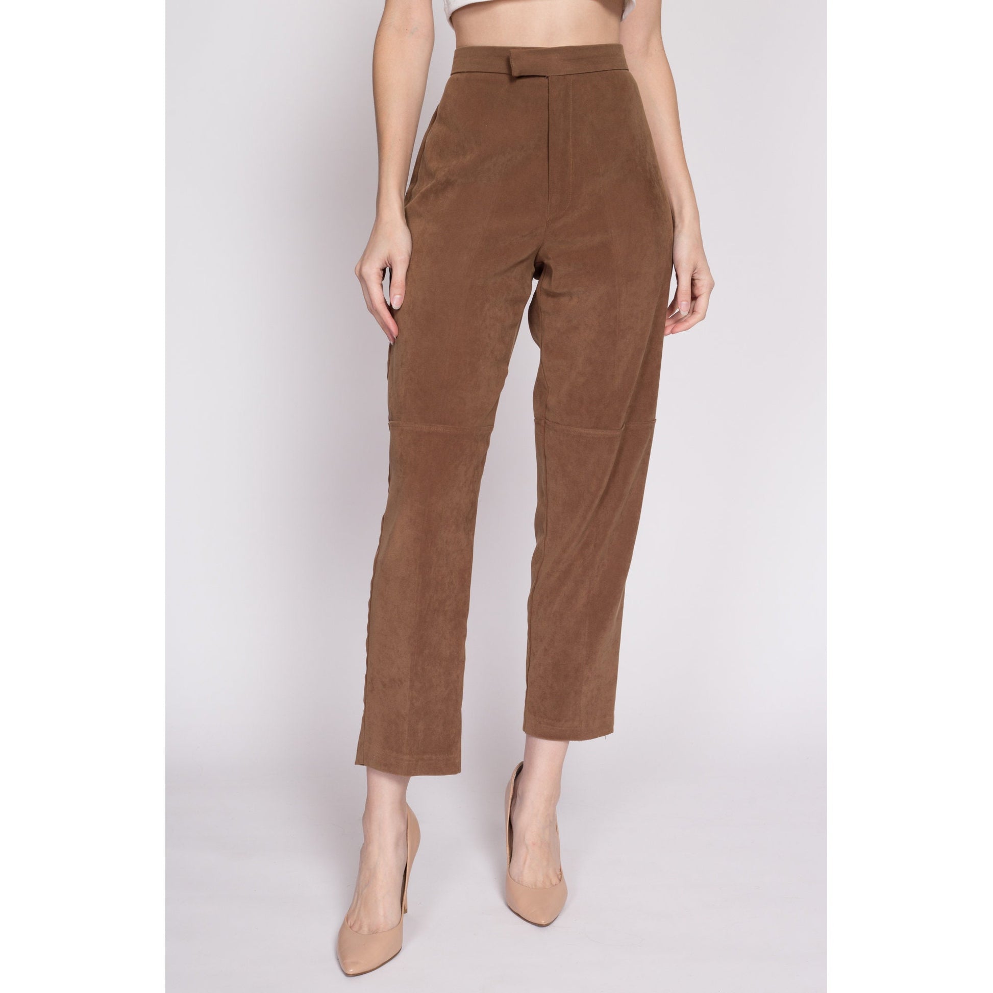 80s Brown Ultrasuede Trousers - Petite Medium, 28.5" | Vintage Faux Leather Tapered Leg Pants