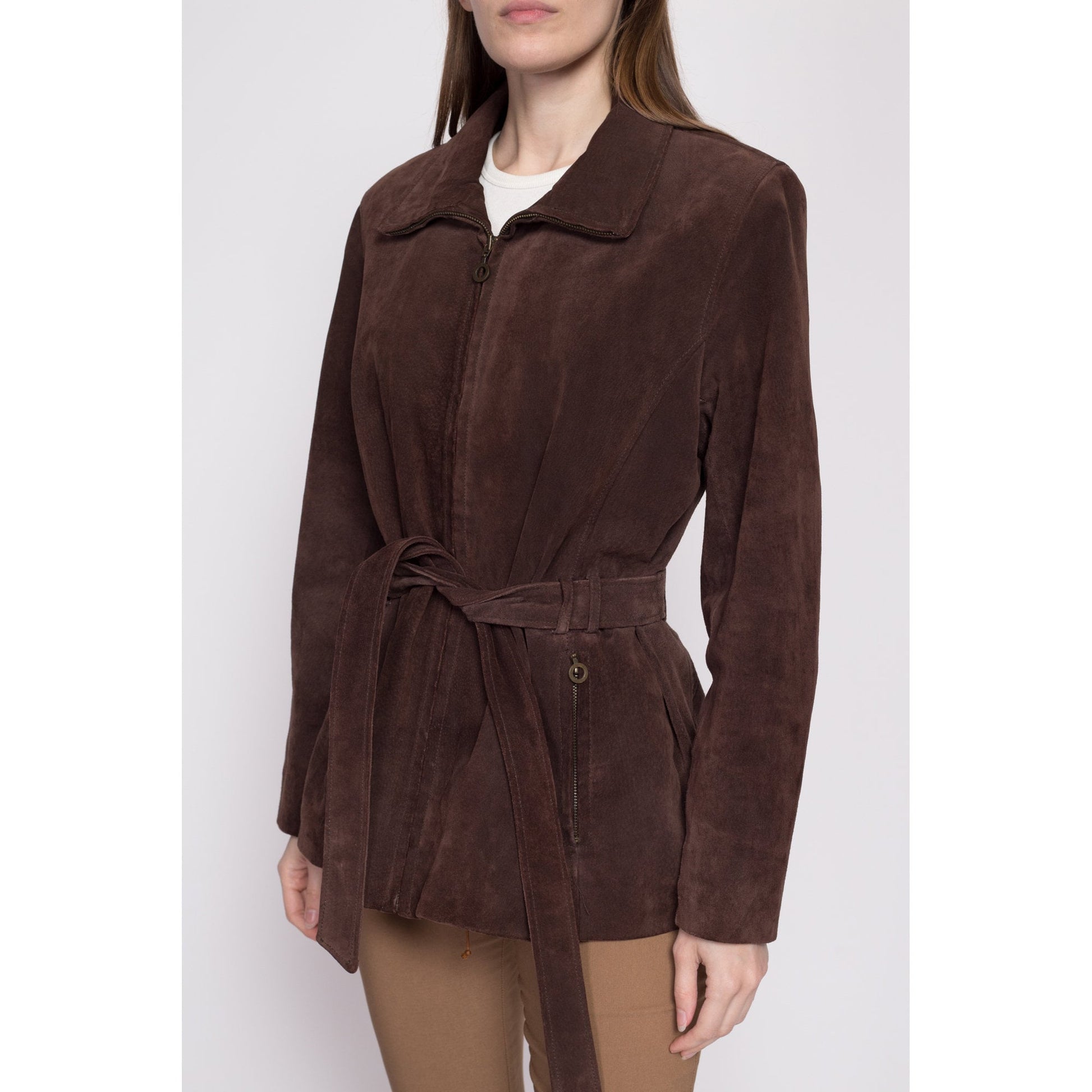 90s Does 70 Suede Belted Jacket - Large | Vintage G-III Dark Brown Boho Leather Coat
