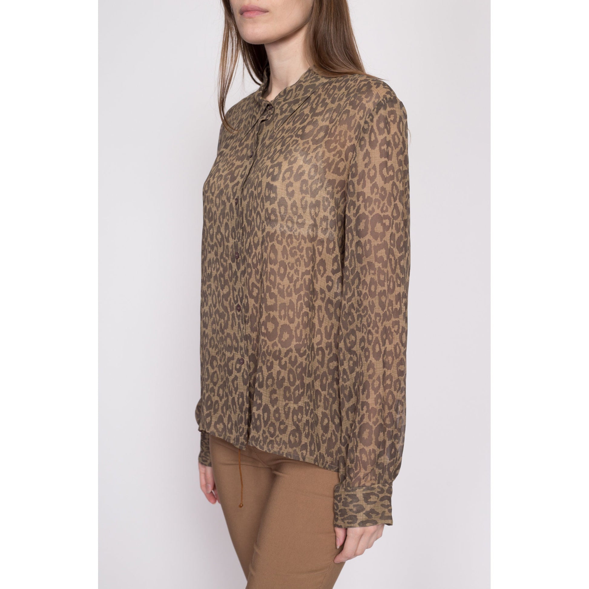 90s Silk Sheer Leopard Print Blouse - Extra Large | Vintage Long Sleeve Collared Button Up Top