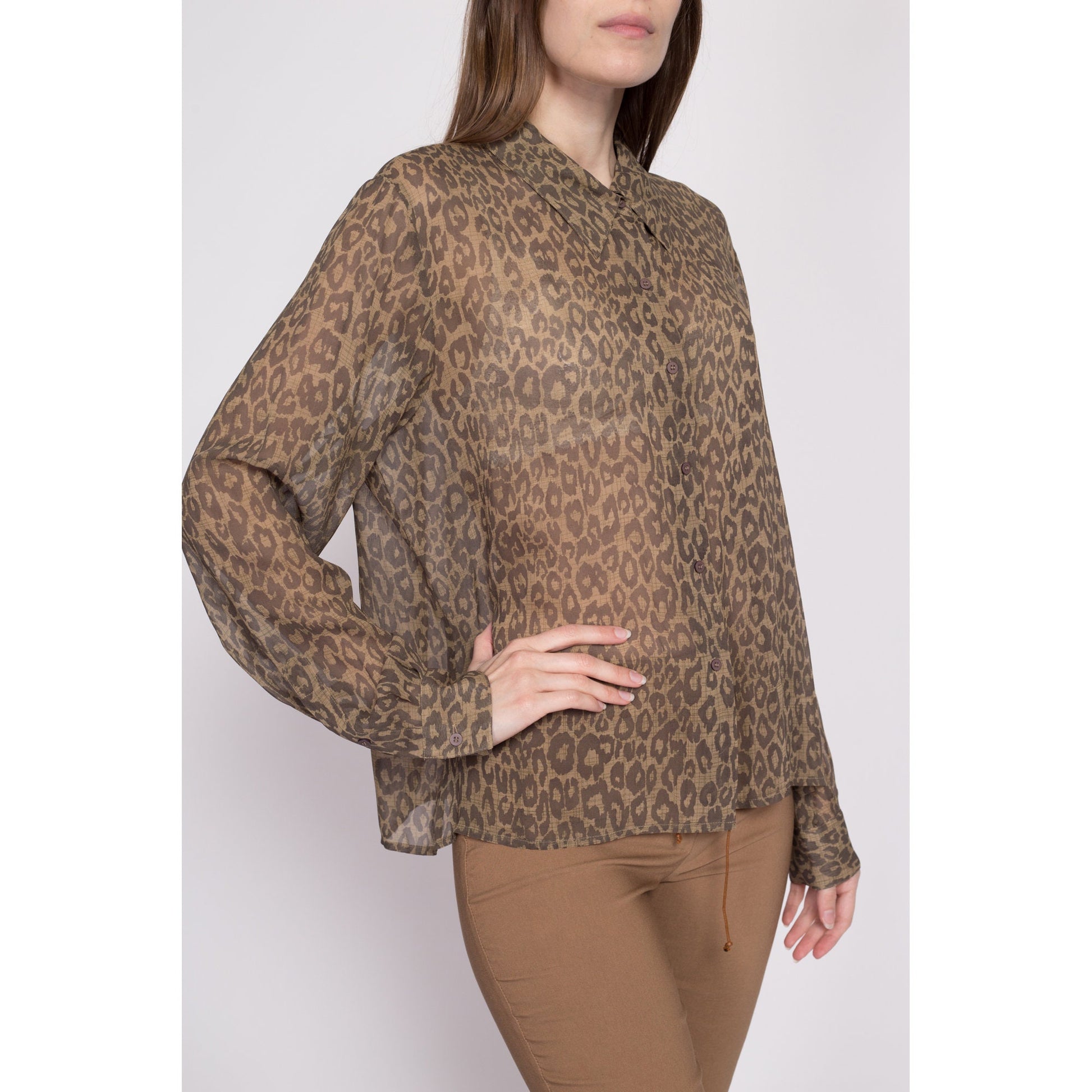 90s Silk Sheer Leopard Print Blouse - Extra Large | Vintage Long Sleeve Collared Button Up Top