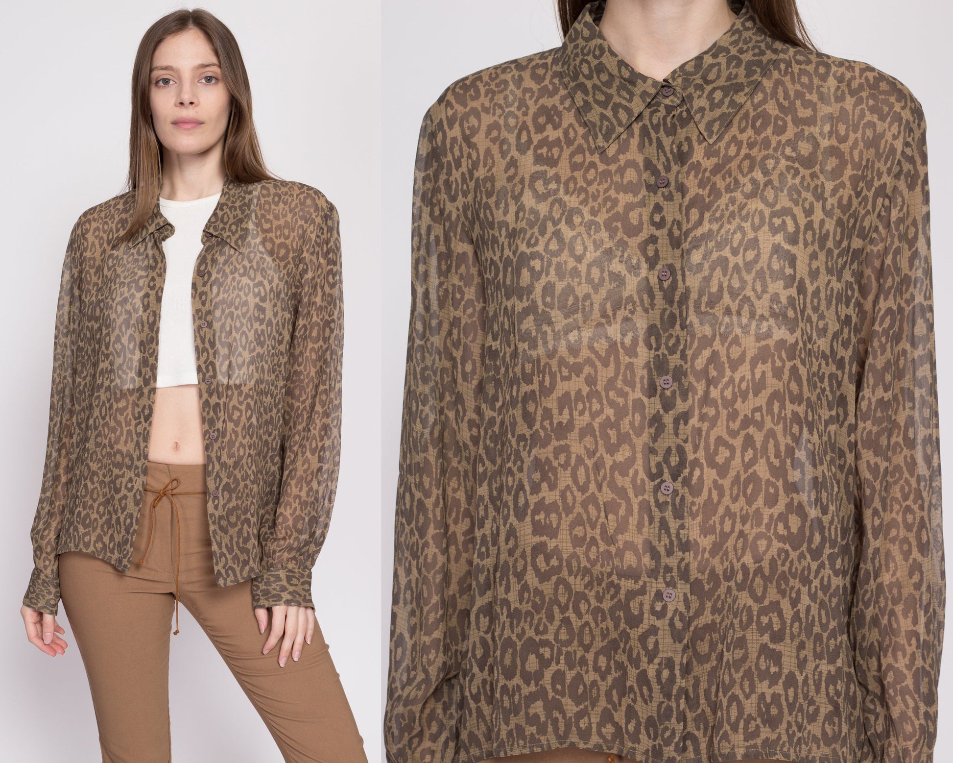 90s Silk Sheer Leopard Print Blouse - Extra Large | Vintage Long Sleeve Collared Button Up Top