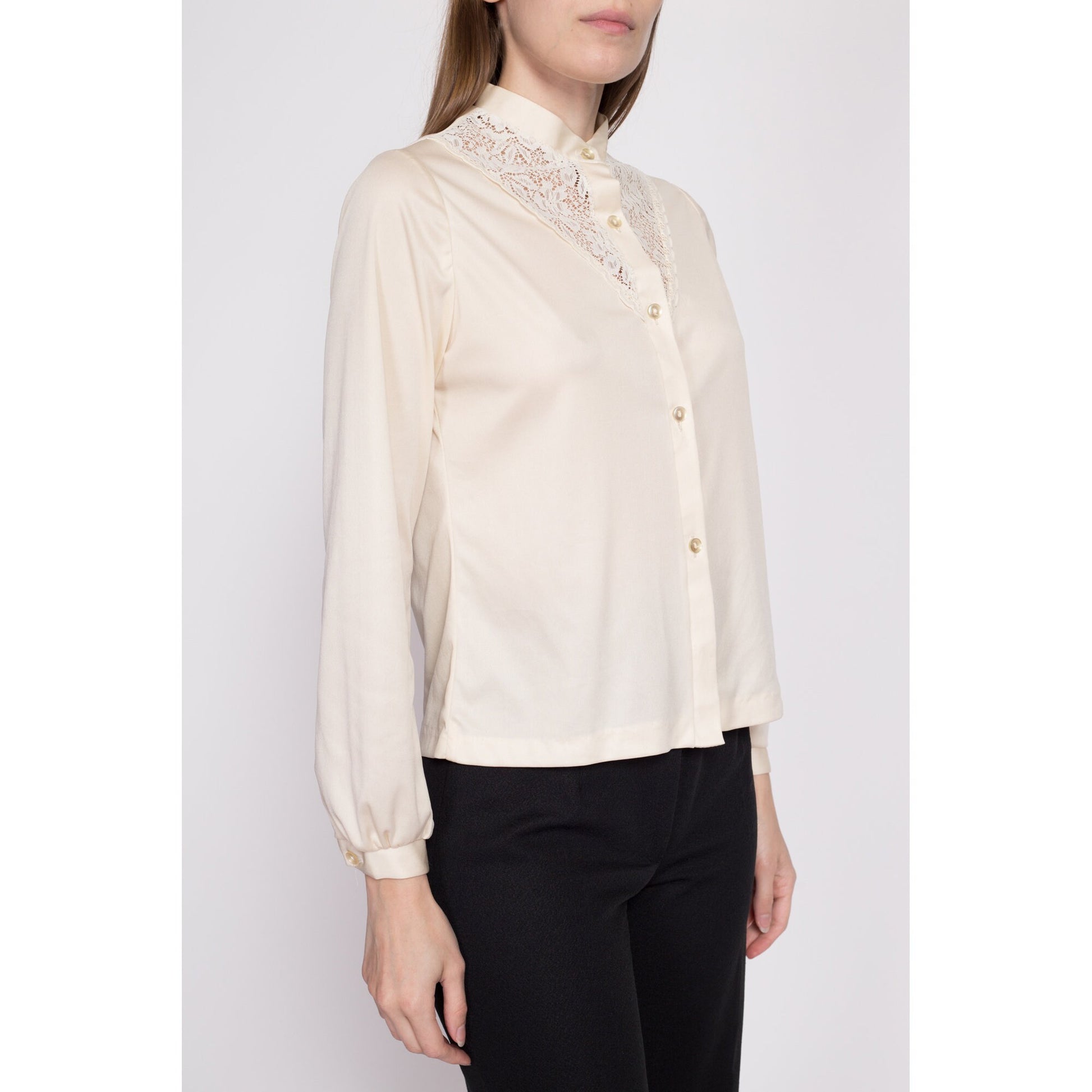 70s Ivory Lace Trim Blouse - Medium | Vintage Boho Edwardian Boho Long Sleeve Top