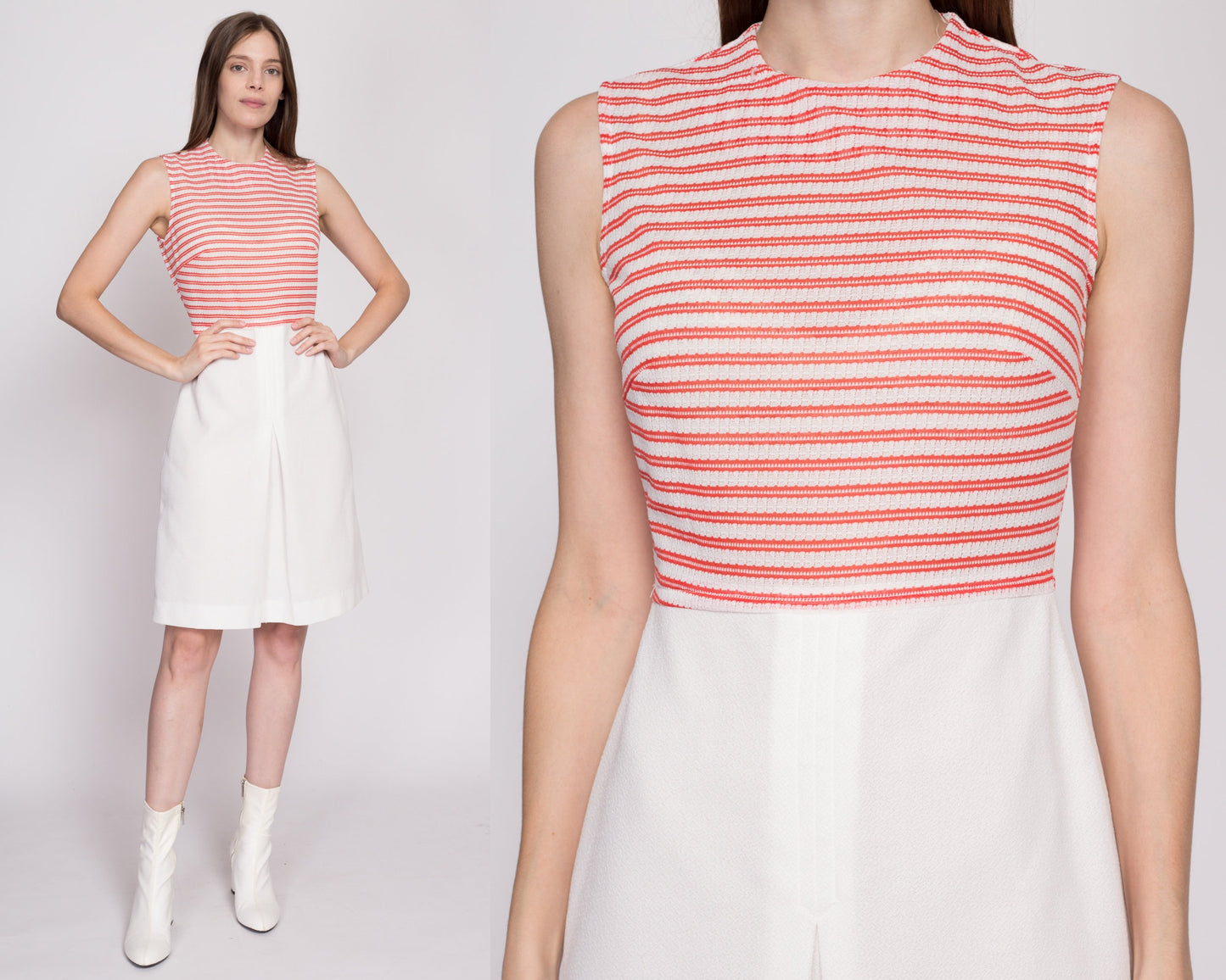 S| 60s Red & White Mod Mini Dress - Small | Vintage Knit Two Tone Retro Knee Length Sleeveless Dress