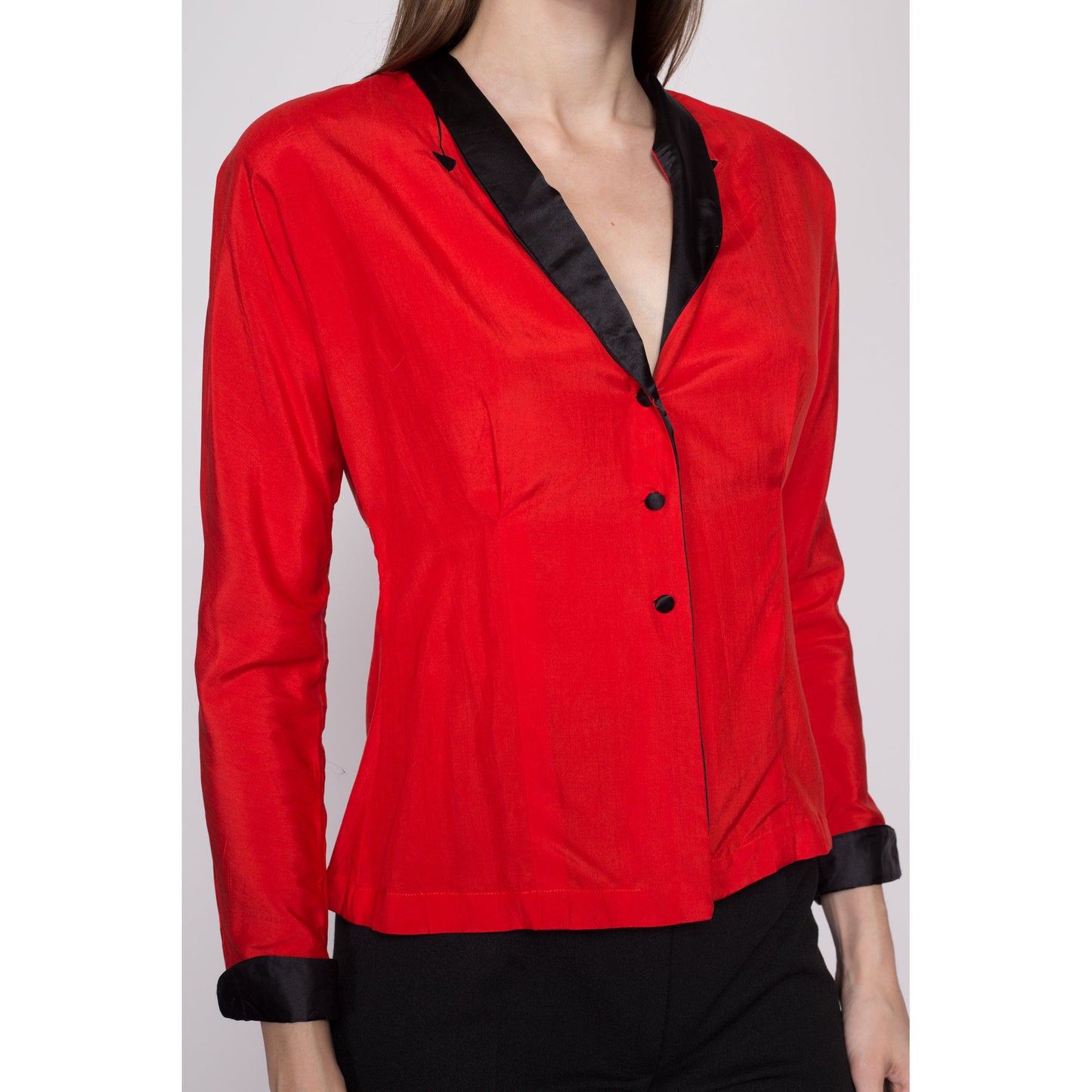 S| 80s Red Silk Western Blouse - Small | Vintage Mercedes & Adrienne Retro Collared Long Sleeve Secretary Top