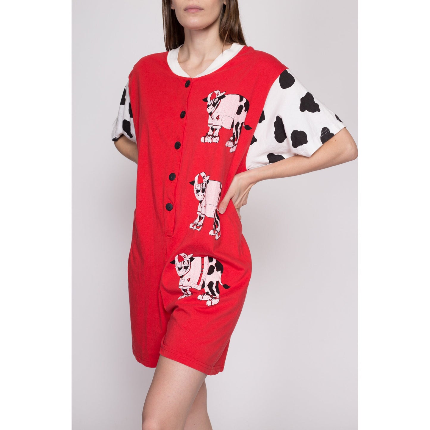 M-L| 80s Retro Cow Romper - Medium to Large | Vintage Red White Slouchy Loungewear Playsuit Outfit
