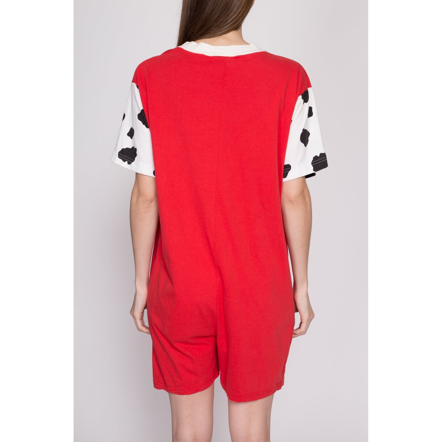 M-L| 80s Retro Cow Romper - Medium to Large | Vintage Red White Slouchy Loungewear Playsuit Outfit