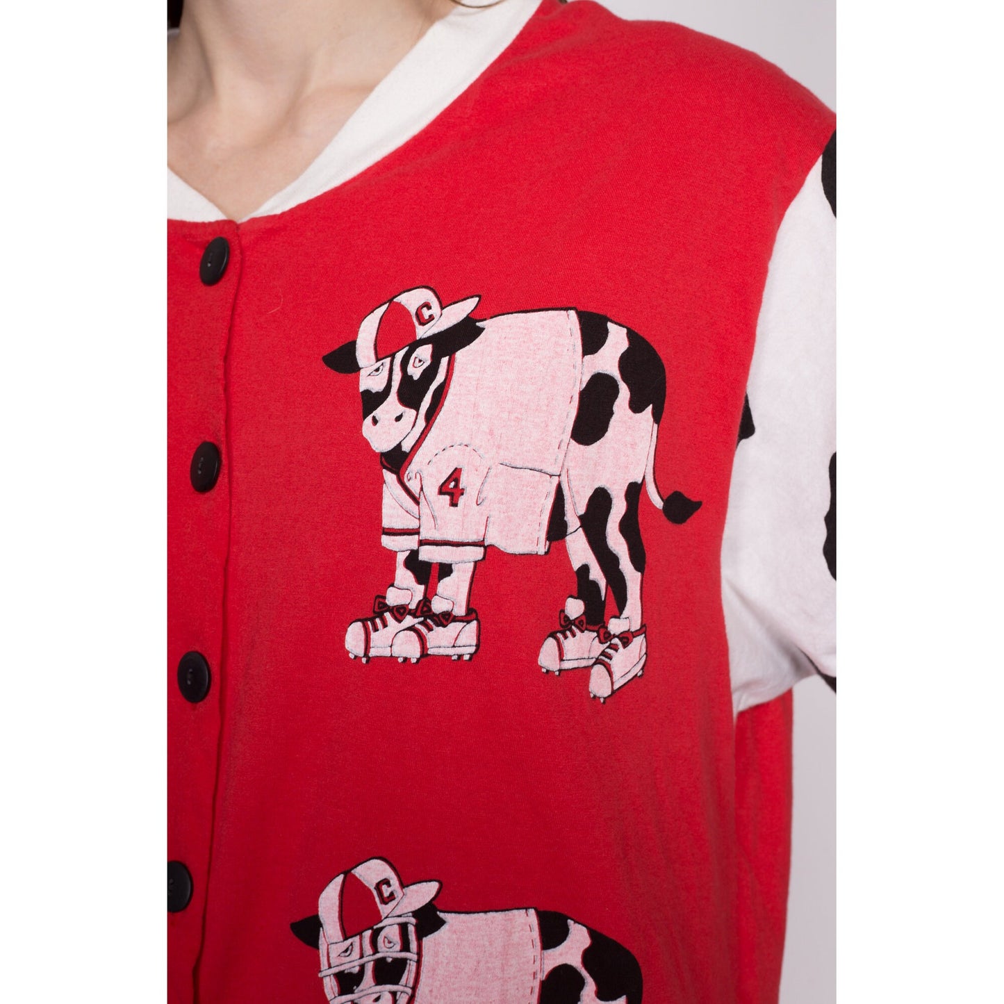 M-L| 80s Retro Cow Romper - Medium to Large | Vintage Red White Slouchy Loungewear Playsuit Outfit