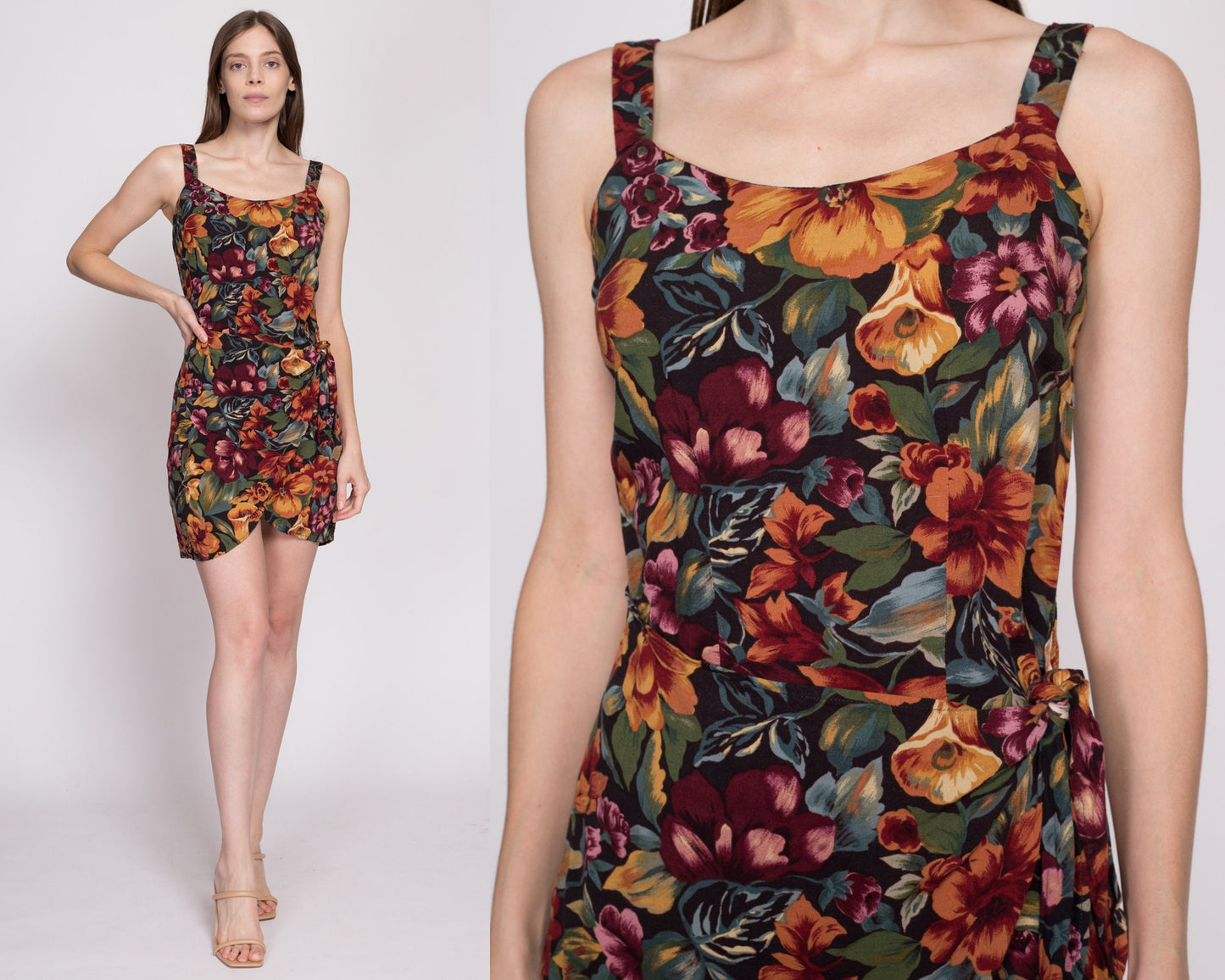 XS-S| 90s Tropical Floral Mini Wrap Dress - XS to Small | Vintage All That Jazz Boho Fitted Front Tie Sundress
