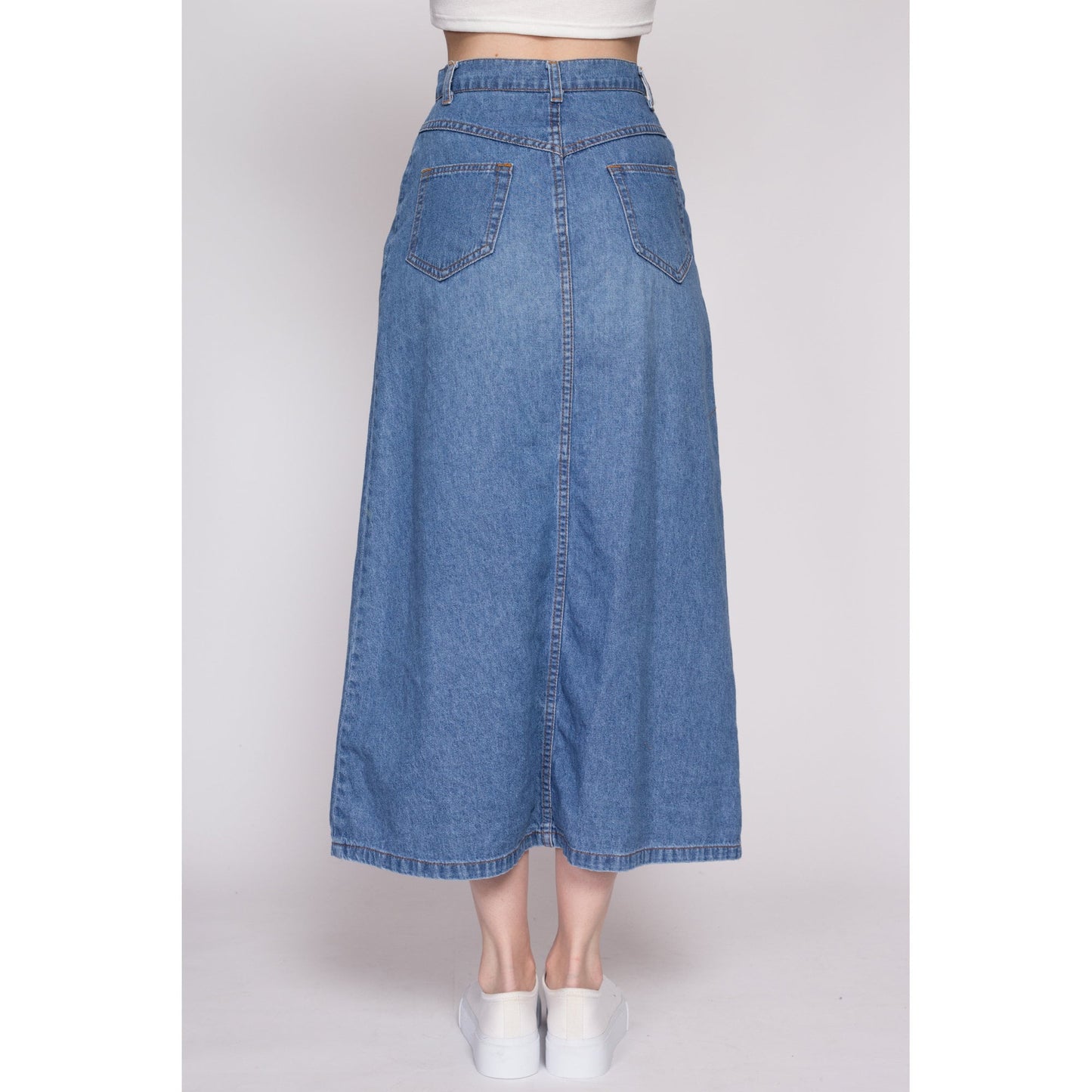 XS-S| 90s Denim Button Front Maxi Skirt - XS to Small, 25" | Vintage Grunge High Waisted Medium Wash Jean Skirt