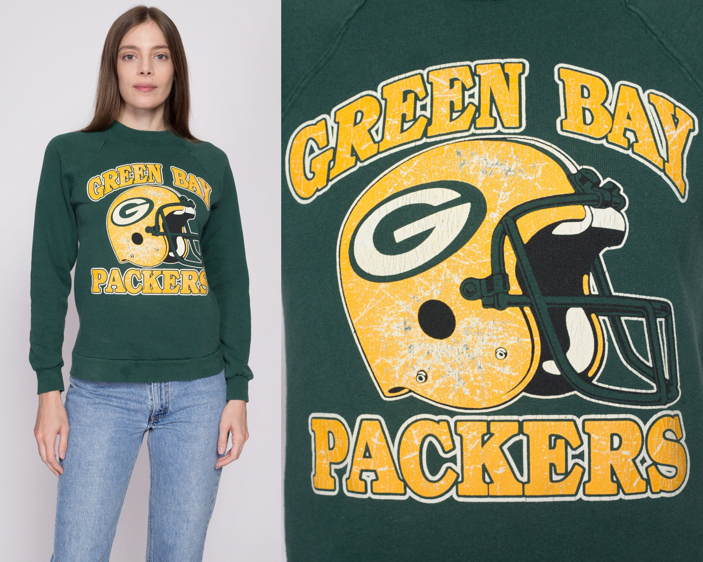 S| 80s Green Bay Packers Sweatshirt - Unisex Small | Vintage NFL Football Raglan Sleeve Graphic Crewneck Pullover