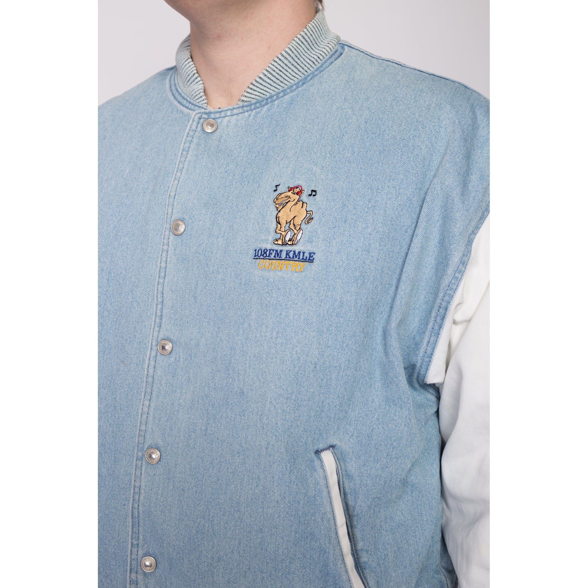 Vintage 108 FM KMLE Country Music Station Denim Jacket - Men's XL | 90s Baseball Style Snap Up Lightweight Jean Varsity Coat