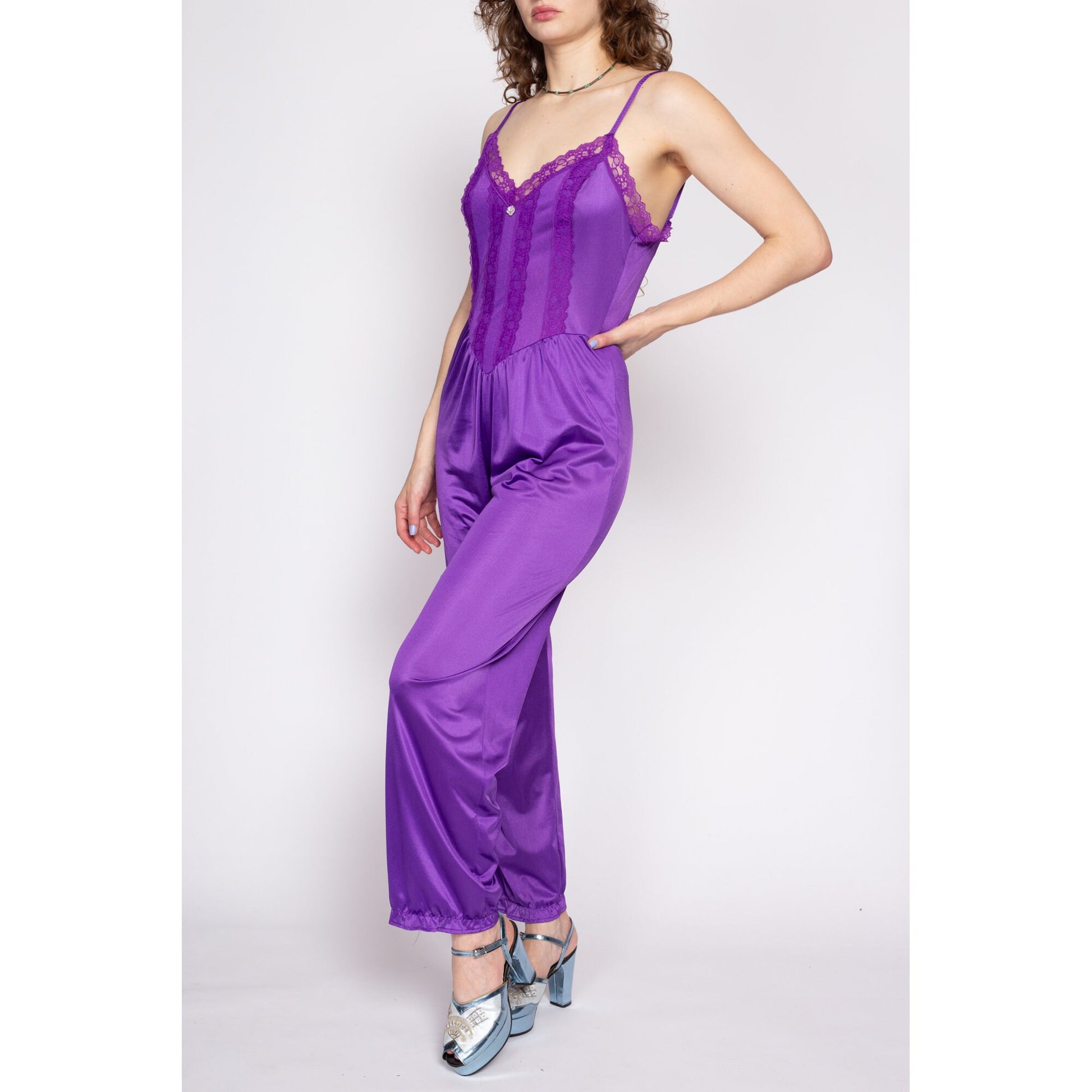70s Purple Lace Lingerie Jumpsuit - Medium | Vintage Sexy Boudoir Loungewear Pajama One Piece Outfit