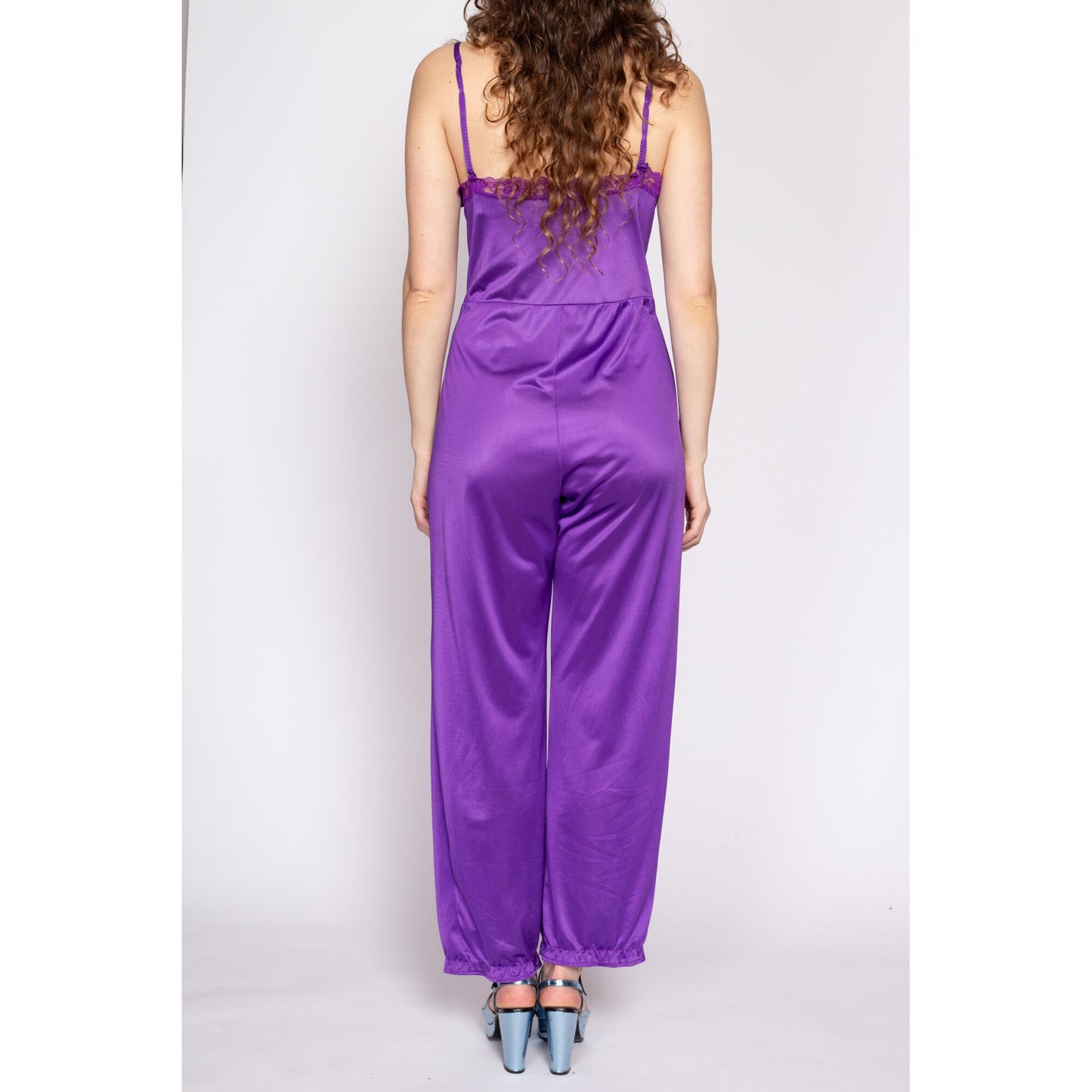 70s Purple Lace Lingerie Jumpsuit - Medium | Vintage Sexy Boudoir Loungewear Pajama One Piece Outfit