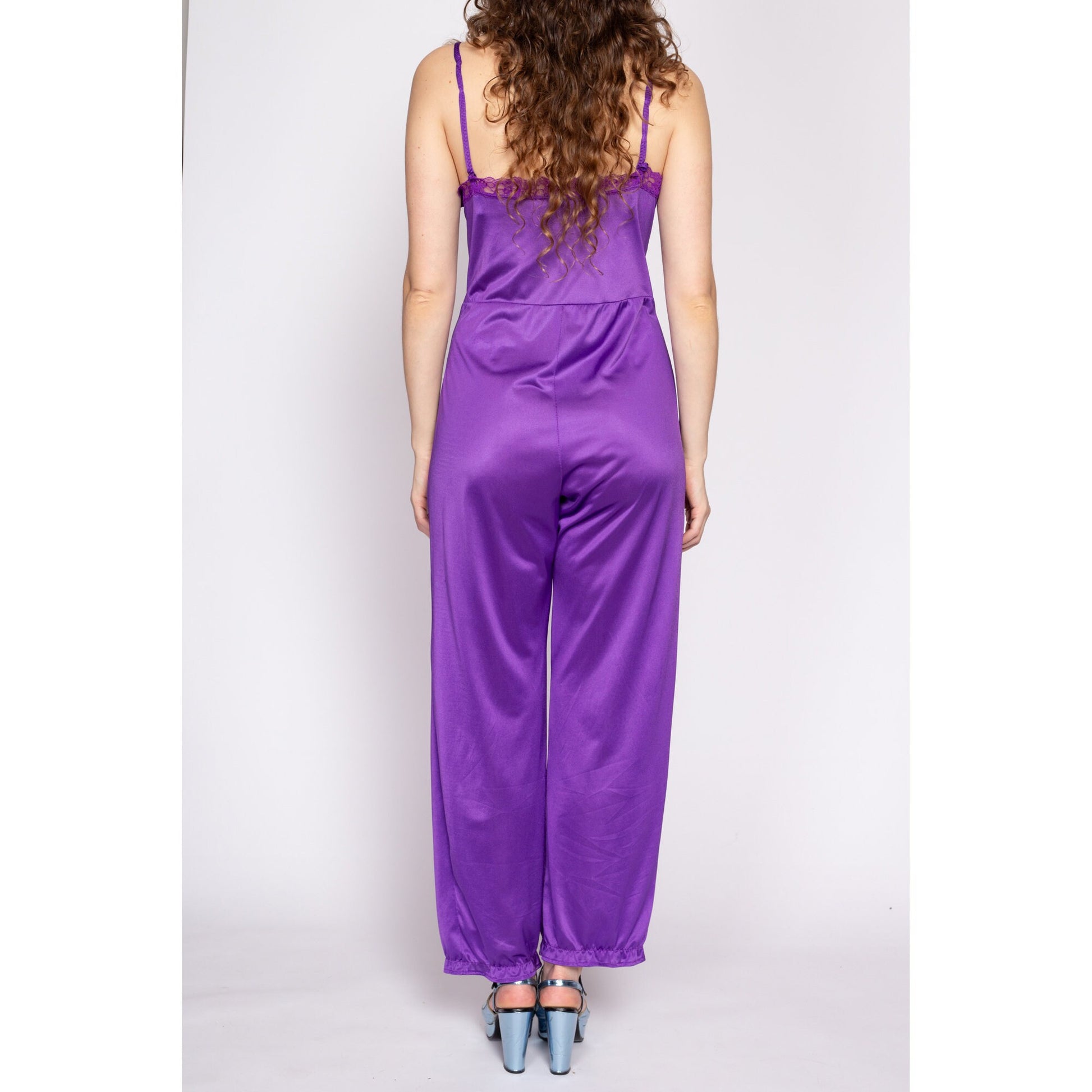 70s Purple Lace Lingerie Jumpsuit - Medium | Vintage Sexy Boudoir Loungewear Pajama One Piece Outfit