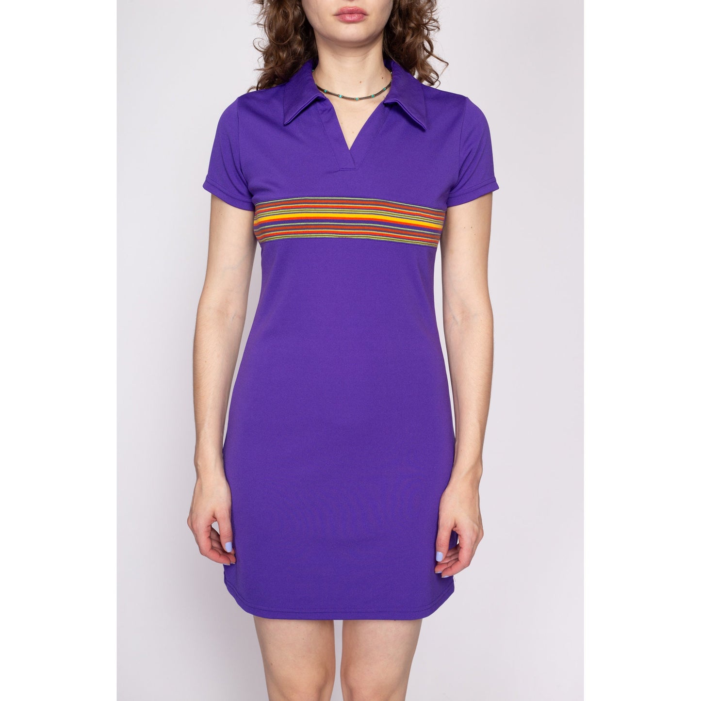 90s Express Preppy Polo Mini Dress - Small | Vintage Sporty Purple Striped Collared Short Sleeve Shirtdress