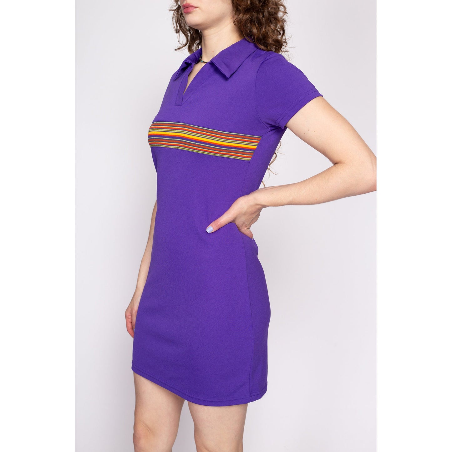 90s Express Preppy Polo Mini Dress - Small | Vintage Sporty Purple Striped Collared Short Sleeve Shirtdress