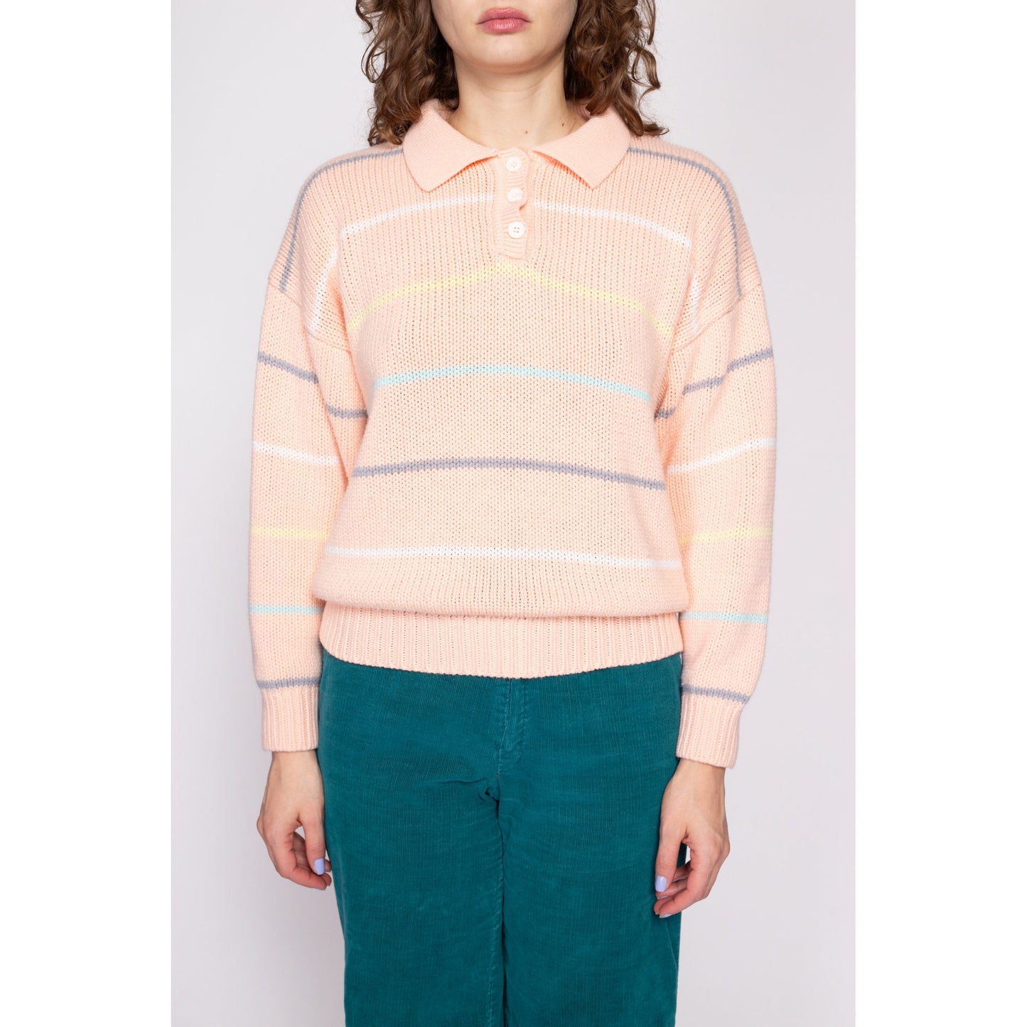 80s Striped Pastel Orange Henley Sweater - Medium | Vintage Collared Knit Pullover Jumper