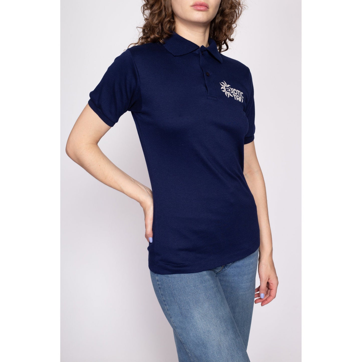 80s Exotic Tan Polo Shirt - Men's Small, Women's Medium | Vintage Navy Blue Staff Uniform Short Sleeve Collared Top