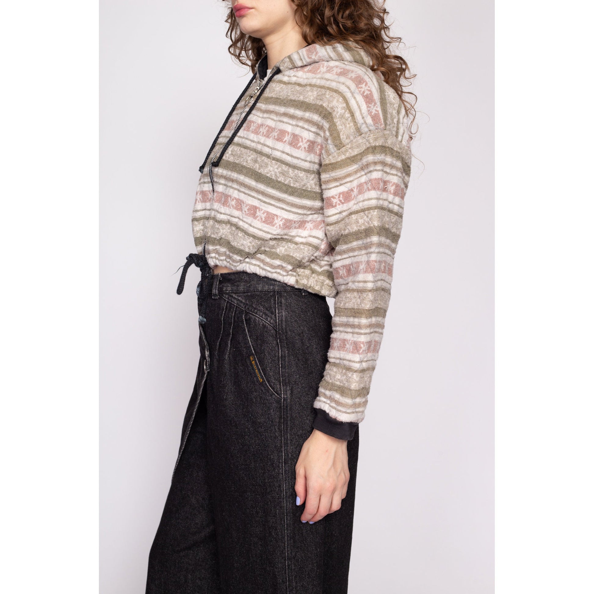 90s Quilted Striped Hoodie - Medium | Vintage Cotton Zip Up Hooded Cropped Sweater