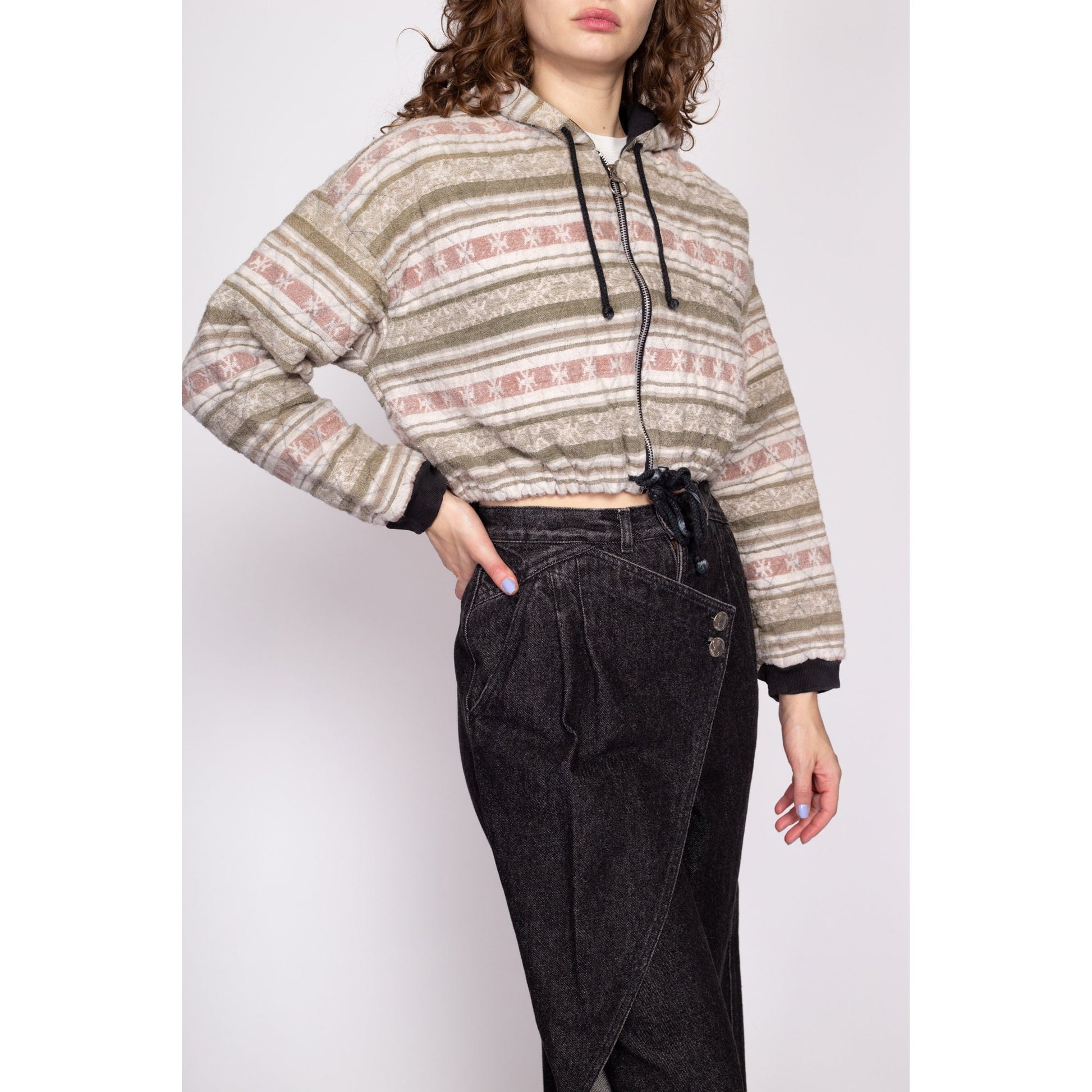 90s Quilted Striped Hoodie - Medium | Vintage Cotton Zip Up Hooded Cropped Sweater