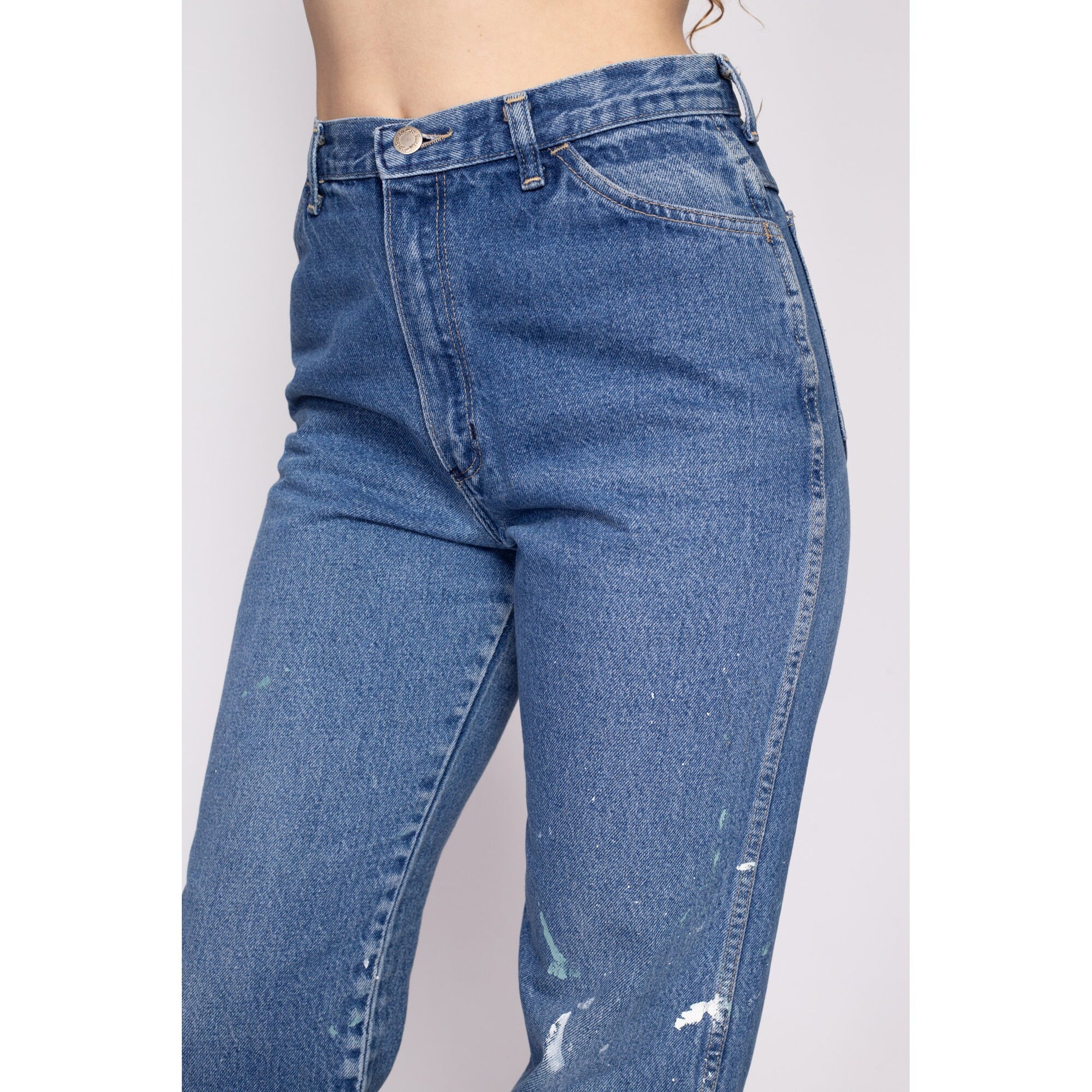 80s Wrangler High Waisted Paint Splattered Jeans - Medium, 28" | Vintage Distressed Denim Tapered Leg Curvy Fit Mom Jeans