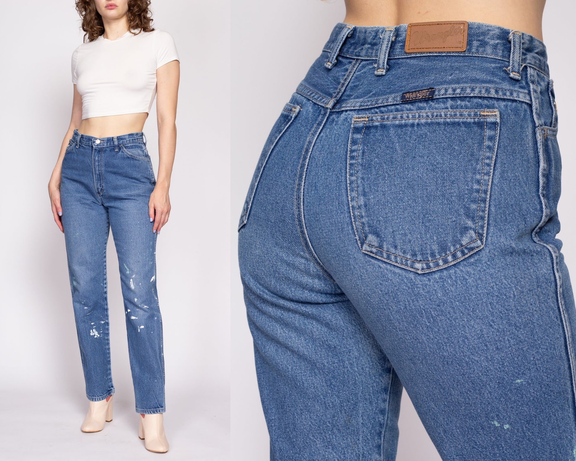 80s Wrangler High Waisted Paint Splattered Jeans - Medium, 28" | Vintage Distressed Denim Tapered Leg Curvy Fit Mom Jeans