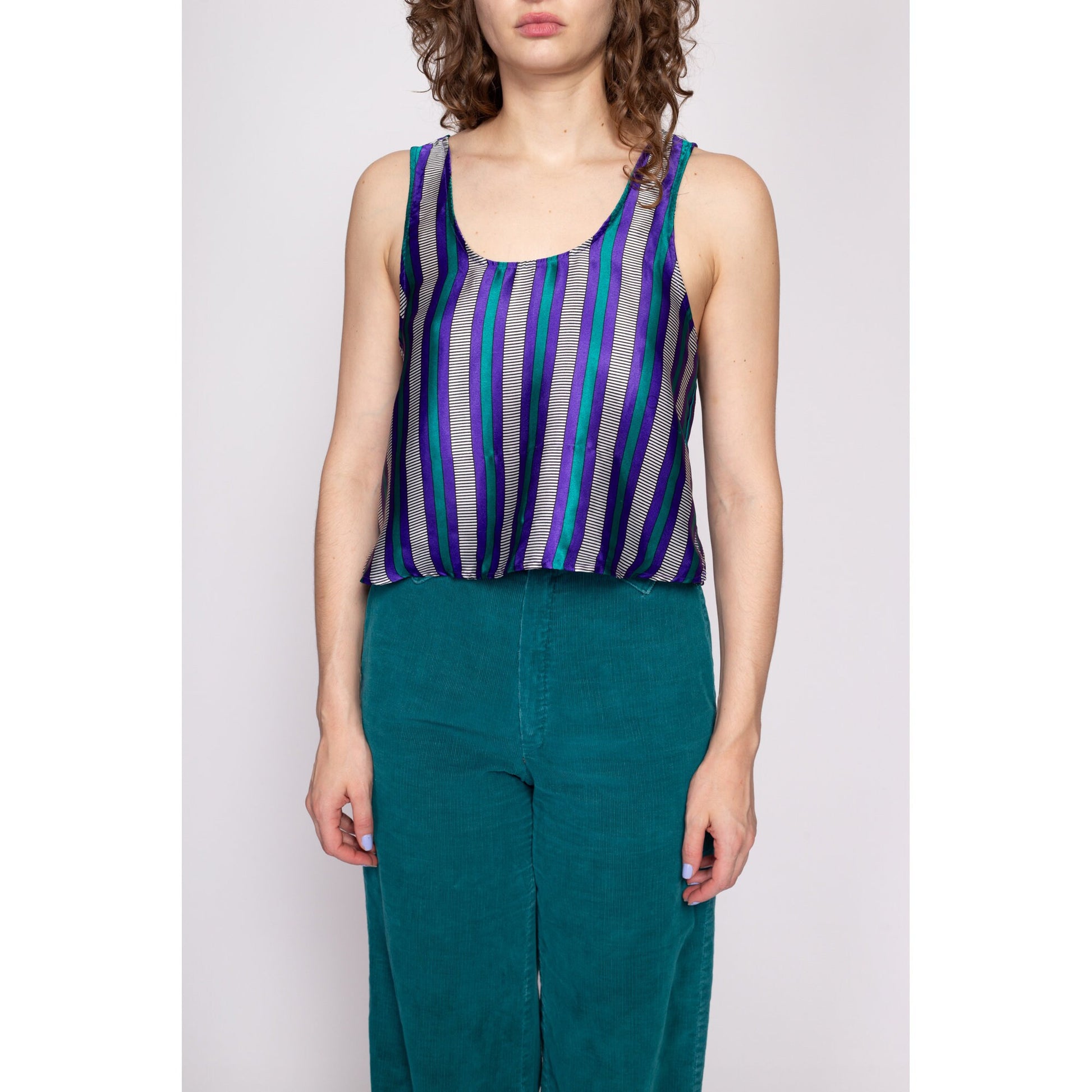 90s Purple & Teal Striped Satin Cropped Tank - Small | Vintage Victoria's Secret Sleeveless Crop Top