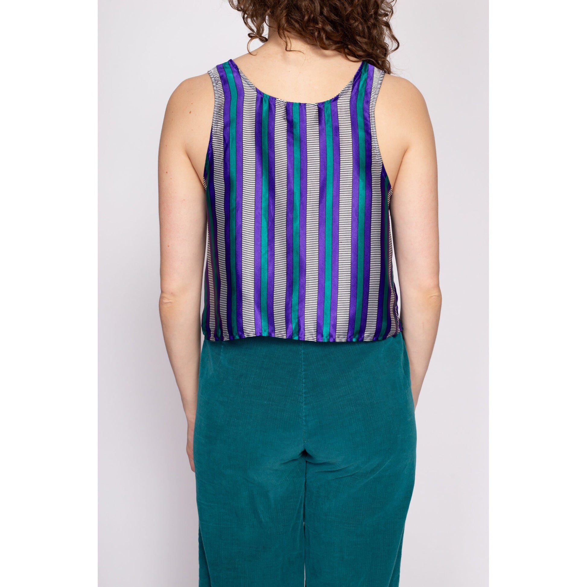 90s Purple & Teal Striped Satin Cropped Tank - Small | Vintage Victoria's Secret Sleeveless Crop Top