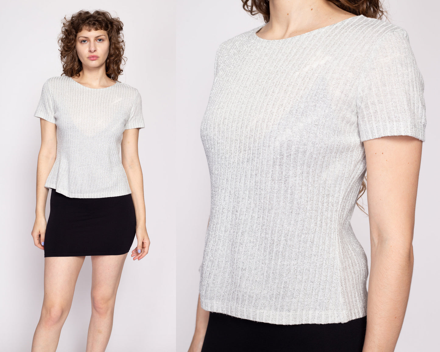 90s Silver Metallic Knit Top - Medium | Vintage Short Sleeve Ribbed Shirt