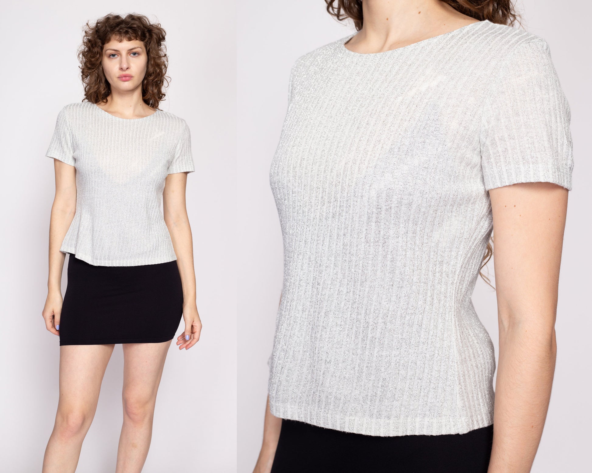 90s Silver Metallic Knit Top - Medium | Vintage Short Sleeve Ribbed Shirt