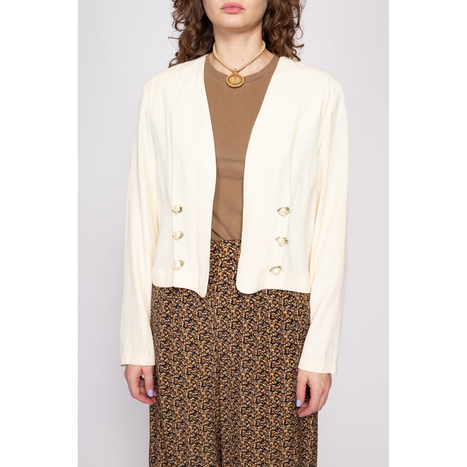 80s Ivory Rosette Bolero - Medium | Vintage Cropped Slouchy Open Fit Jacket