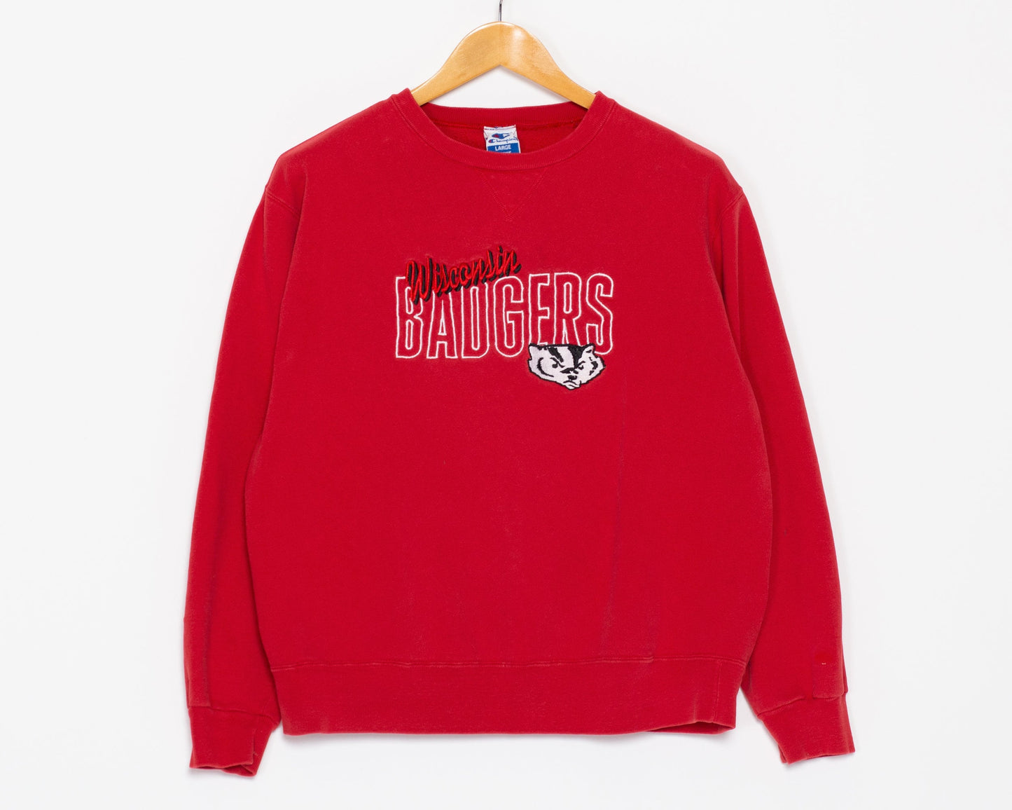 L| 90s Wisconsin Badgers Champion Sweatshirt - Men's Large | Vintage Red University Bucky Badger Graphic V Stitch Crewneck