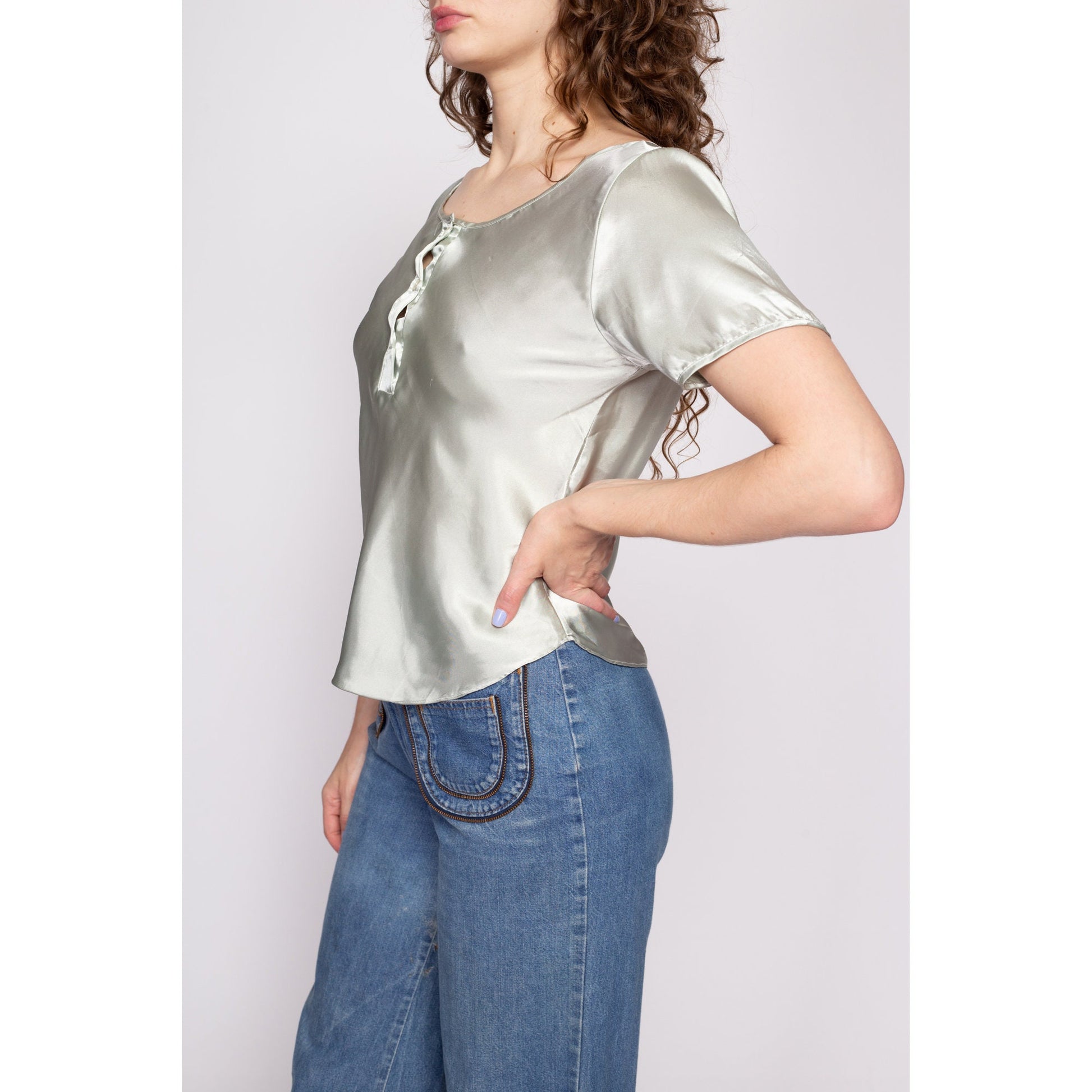 90s Mint Green Liquid Satin Henley Top - Medium | Vintage Pastel Short Sleeve Slouchy Shiny Pajama Shirt
