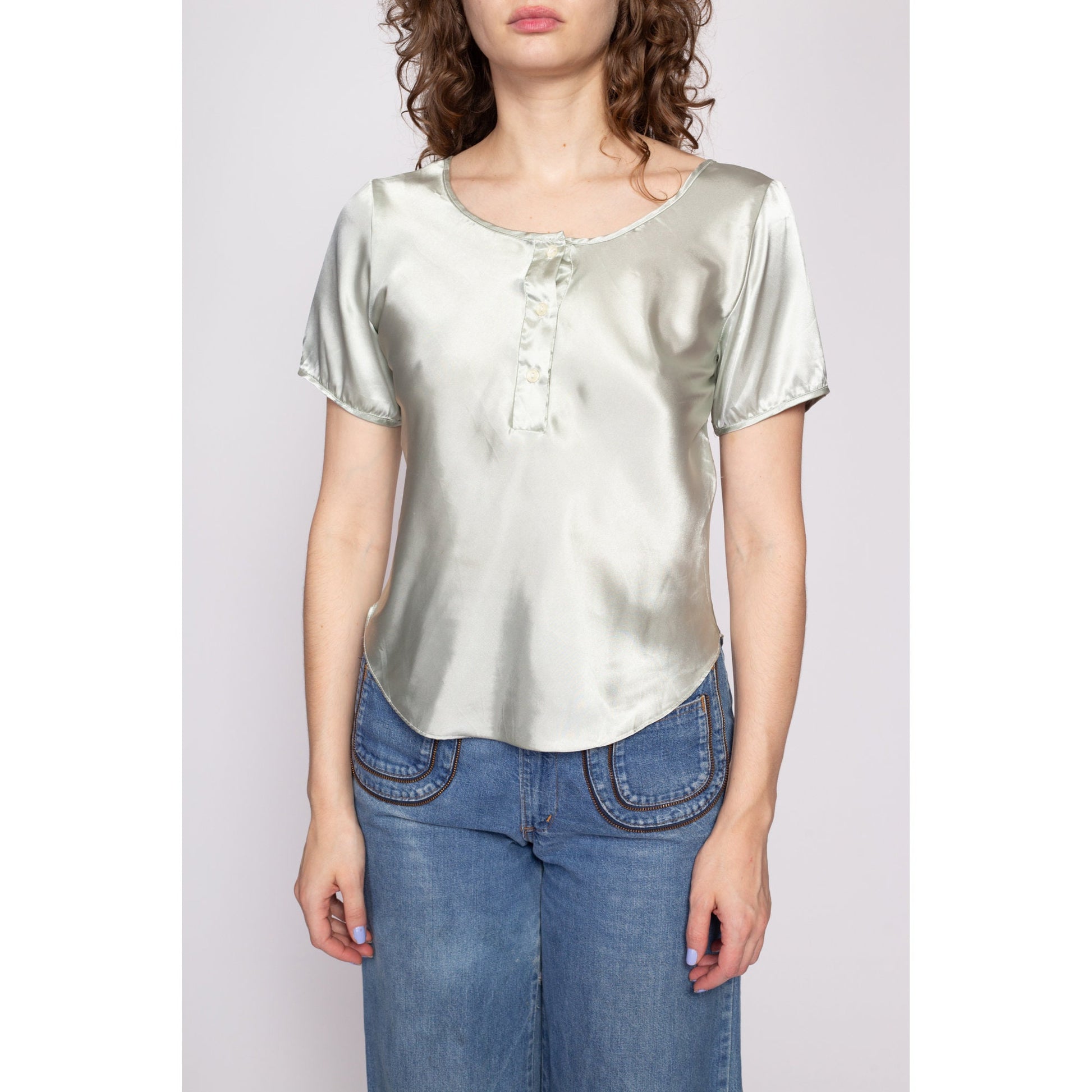 90s Mint Green Liquid Satin Henley Top - Medium | Vintage Pastel Short Sleeve Slouchy Shiny Pajama Shirt