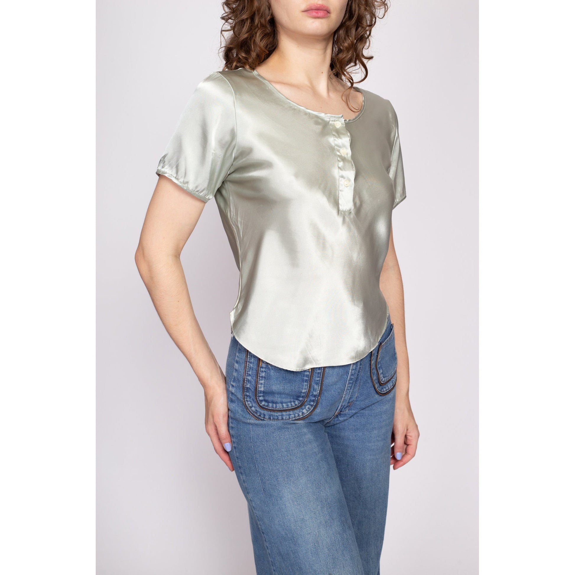 90s Mint Green Liquid Satin Henley Top - Medium | Vintage Pastel Short Sleeve Slouchy Shiny Pajama Shirt
