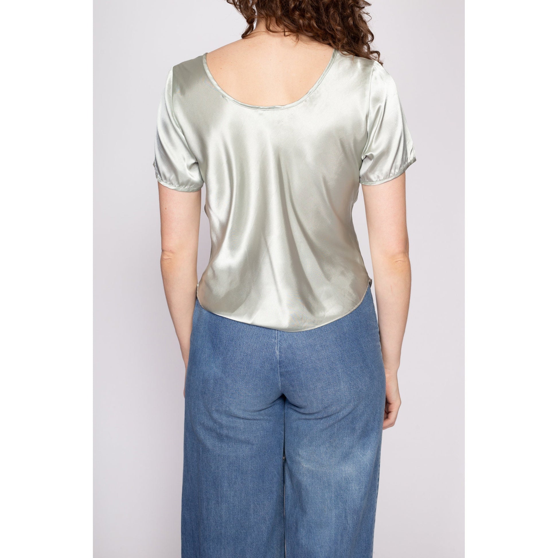 90s Mint Green Liquid Satin Henley Top - Medium | Vintage Pastel Short Sleeve Slouchy Shiny Pajama Shirt