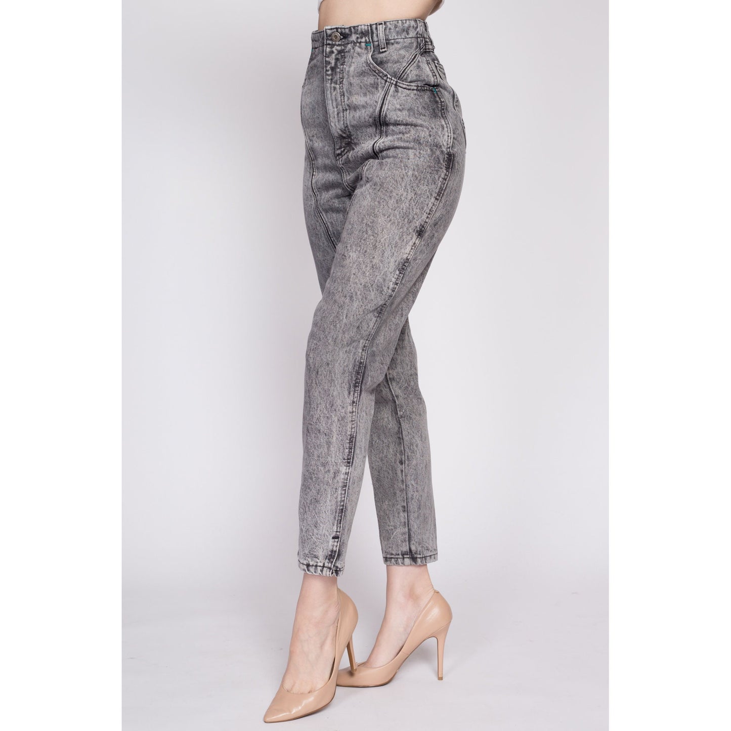 80s Lee Acid Wash High Waisted Curvy Fit Jeans - Extra Small | Vintage Faded Black Grey Denim Tapered Leg Mom Jeans