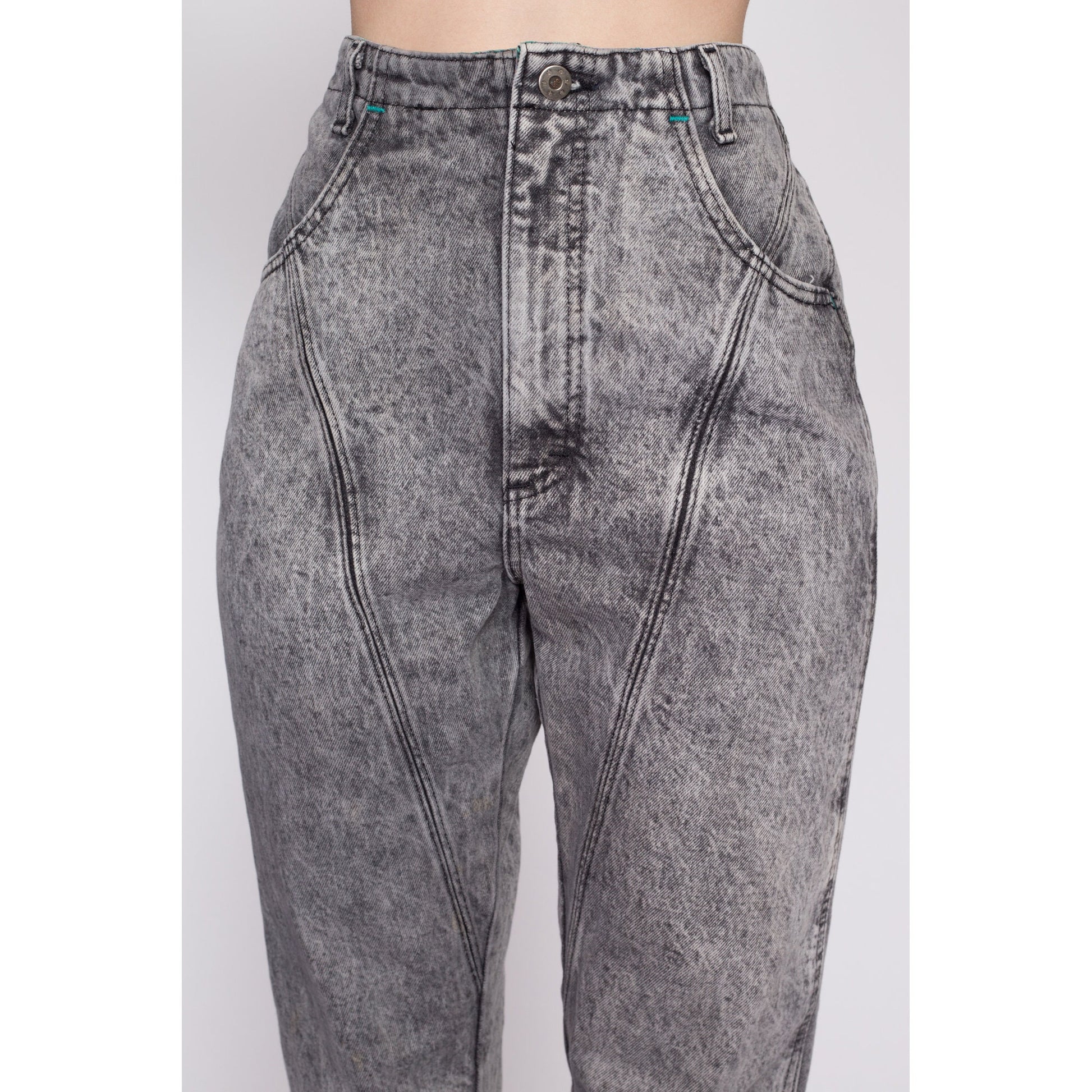 80s Lee Acid Wash High Waisted Curvy Fit Jeans - Extra Small | Vintage Faded Black Grey Denim Tapered Leg Mom Jeans