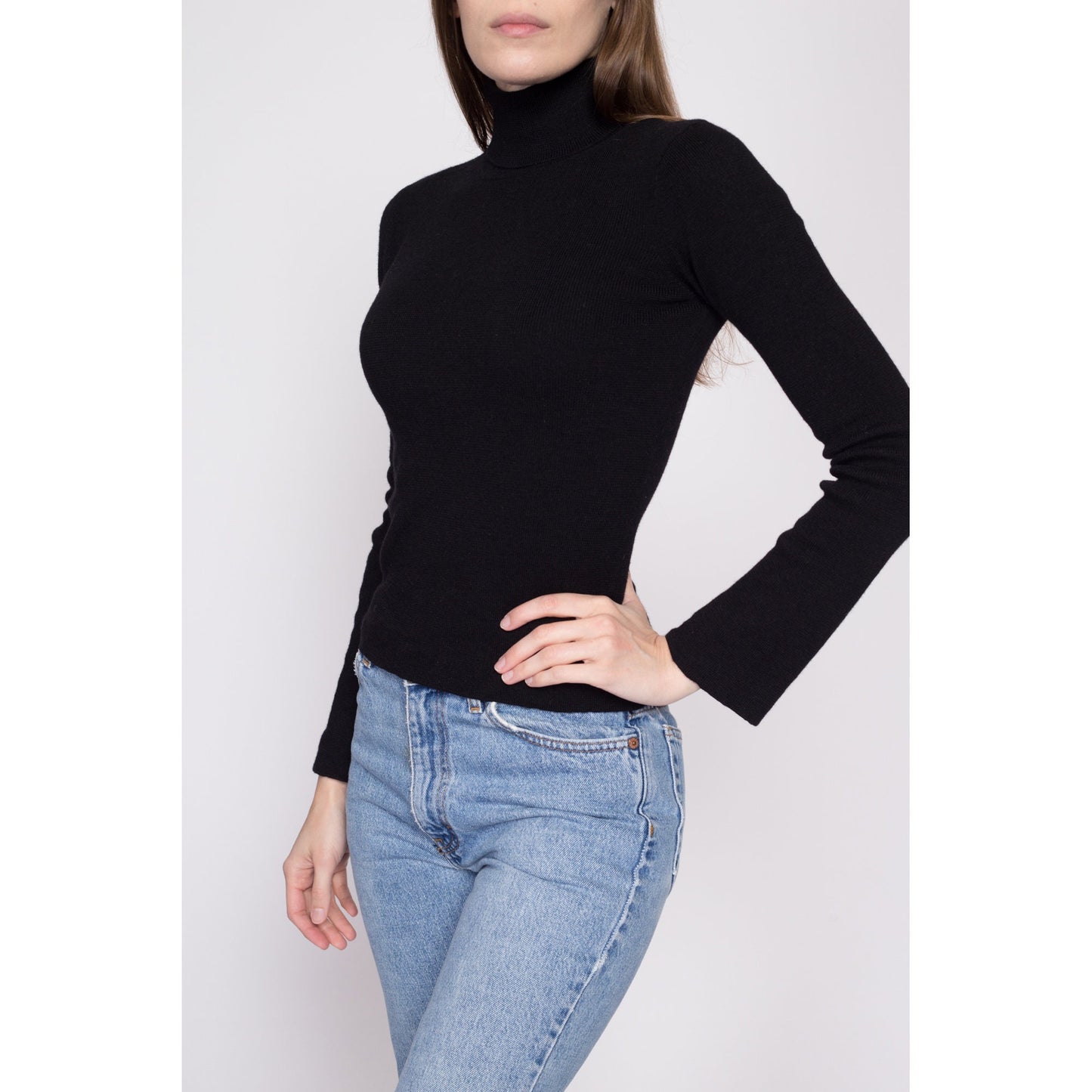 90s Banana Republic Merino Wool Turtleneck - Small | Vintage Bell Sleeve Minimalist Black Fitted Sweater