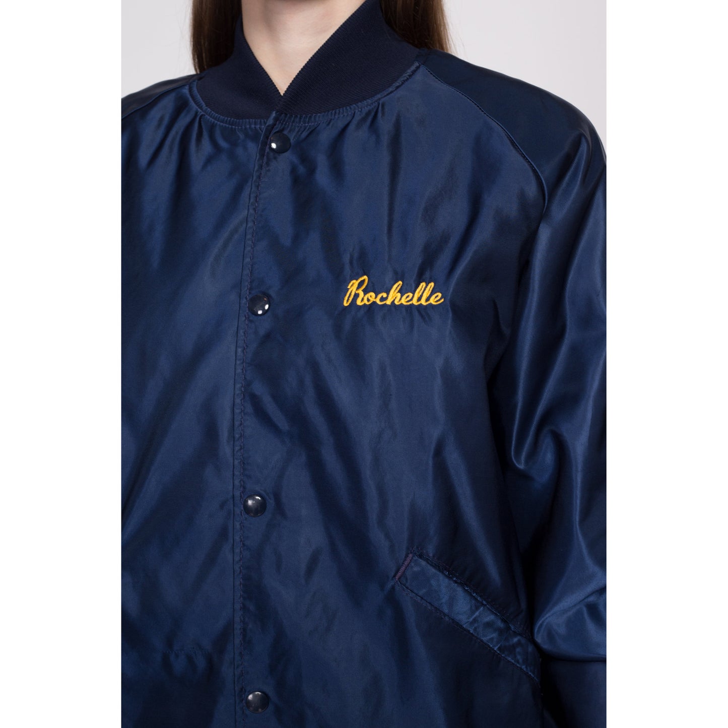 80s Trucker Satin Varsity Jacket - Men's Large | Vintage Rochelle Navy Blue Trucking Logo Bomber Coat