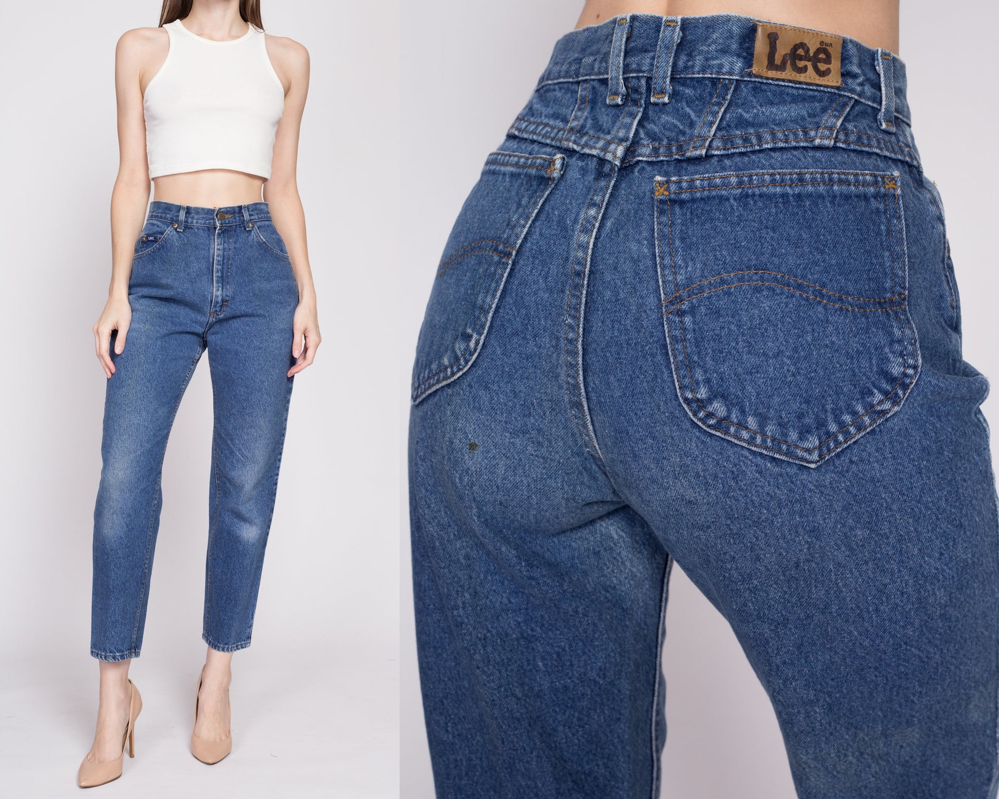80s Lee Riders High Waisted Jeans - Small to Petite Medium, 27" | Vintage Medium Wash Denim Tapered Leg Mom Jeans