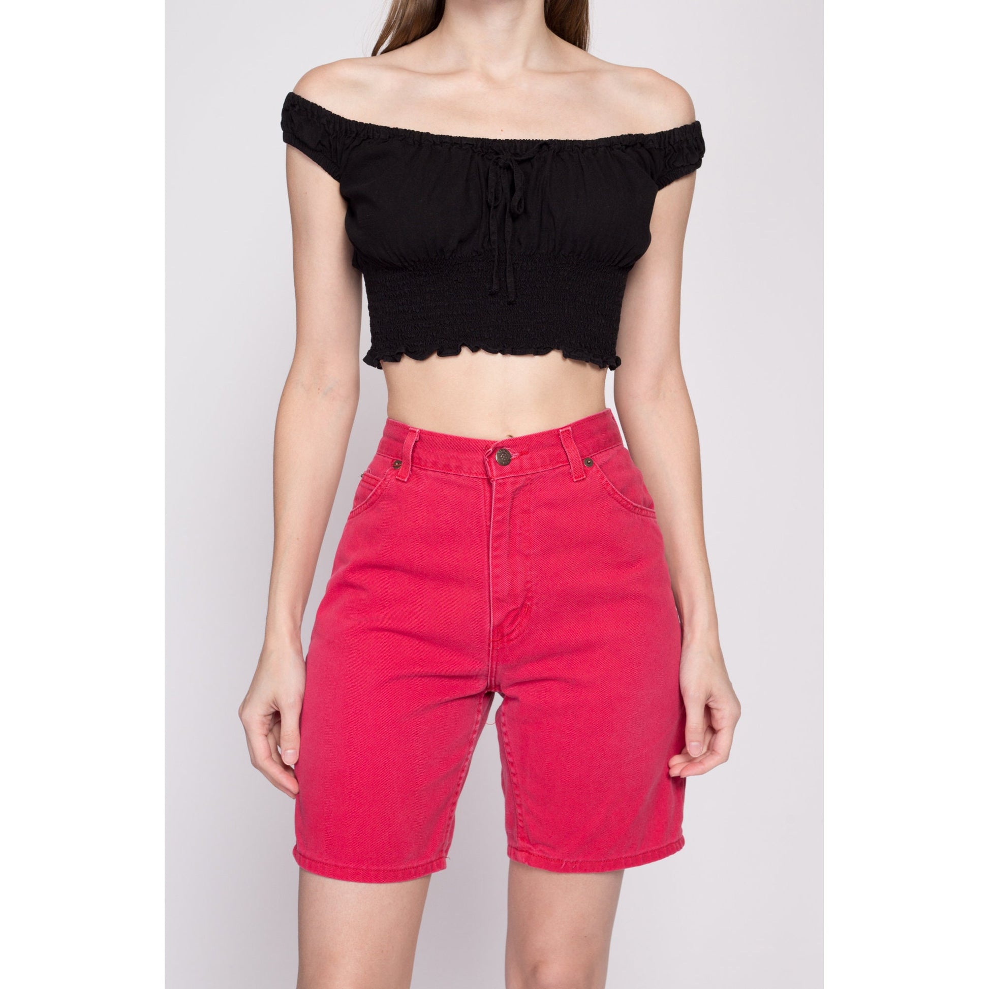90s Red High Waisted Jean Shorts - Extra Small, 25" | Vintage Denim High Rise Bermuda Mom Shorts