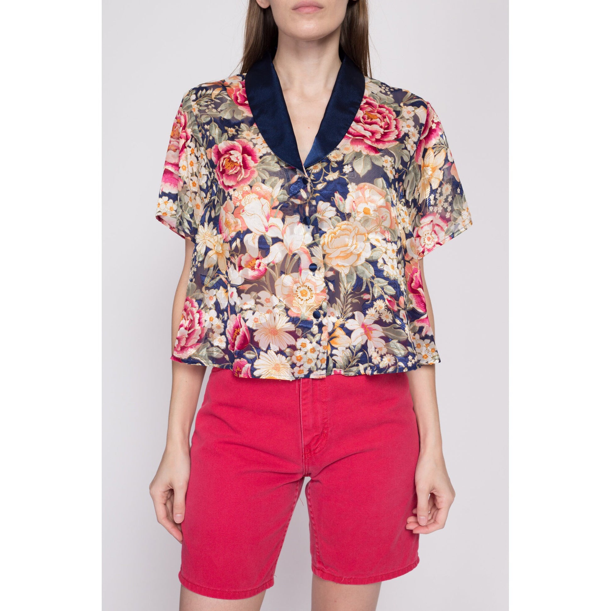 90s Sheer Floral Loungewear Crop Top - One Size | Vintage Victoria's Secret Jacquard Boho Oversized Tent Blouse