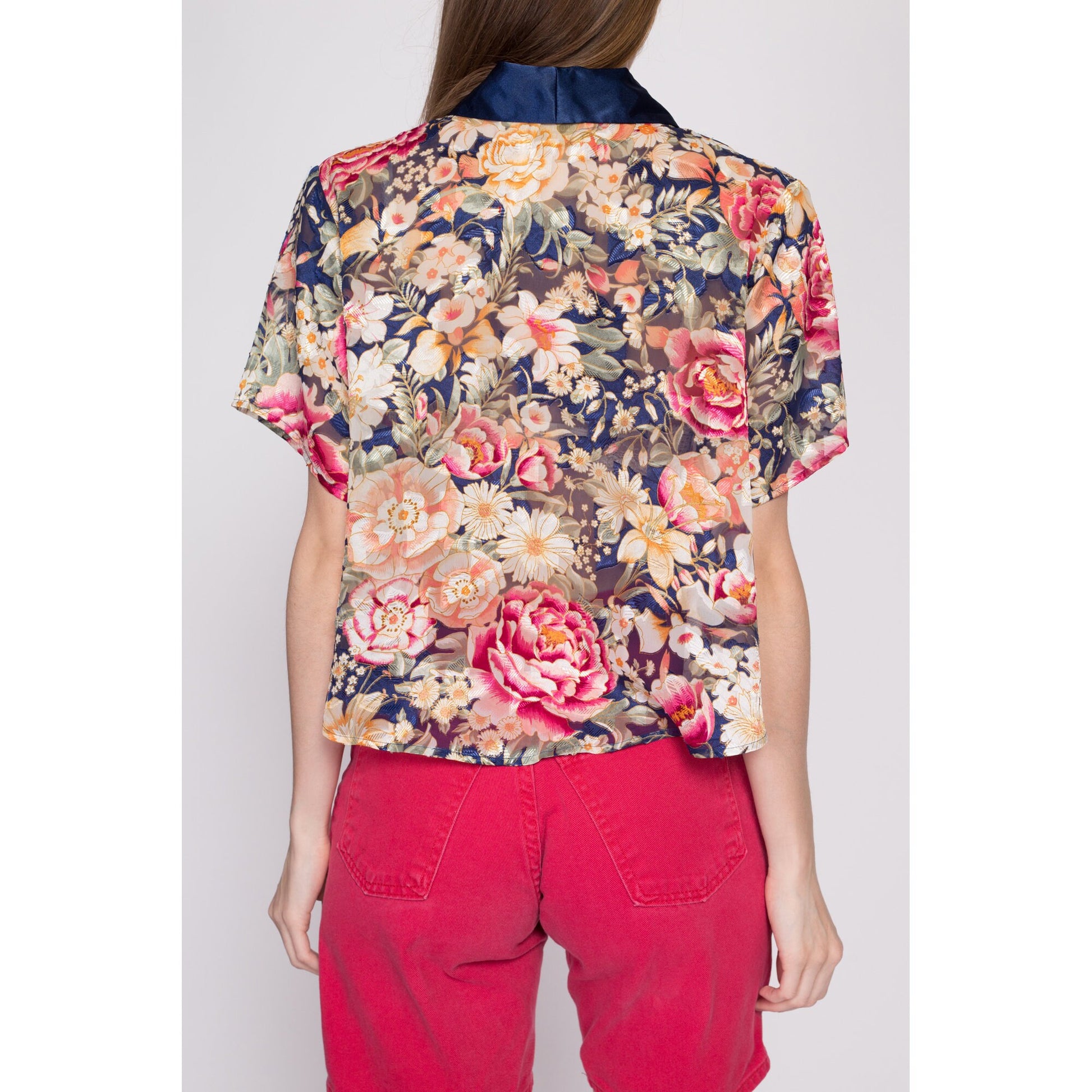 90s Sheer Floral Loungewear Crop Top - One Size | Vintage Victoria's Secret Jacquard Boho Oversized Tent Blouse