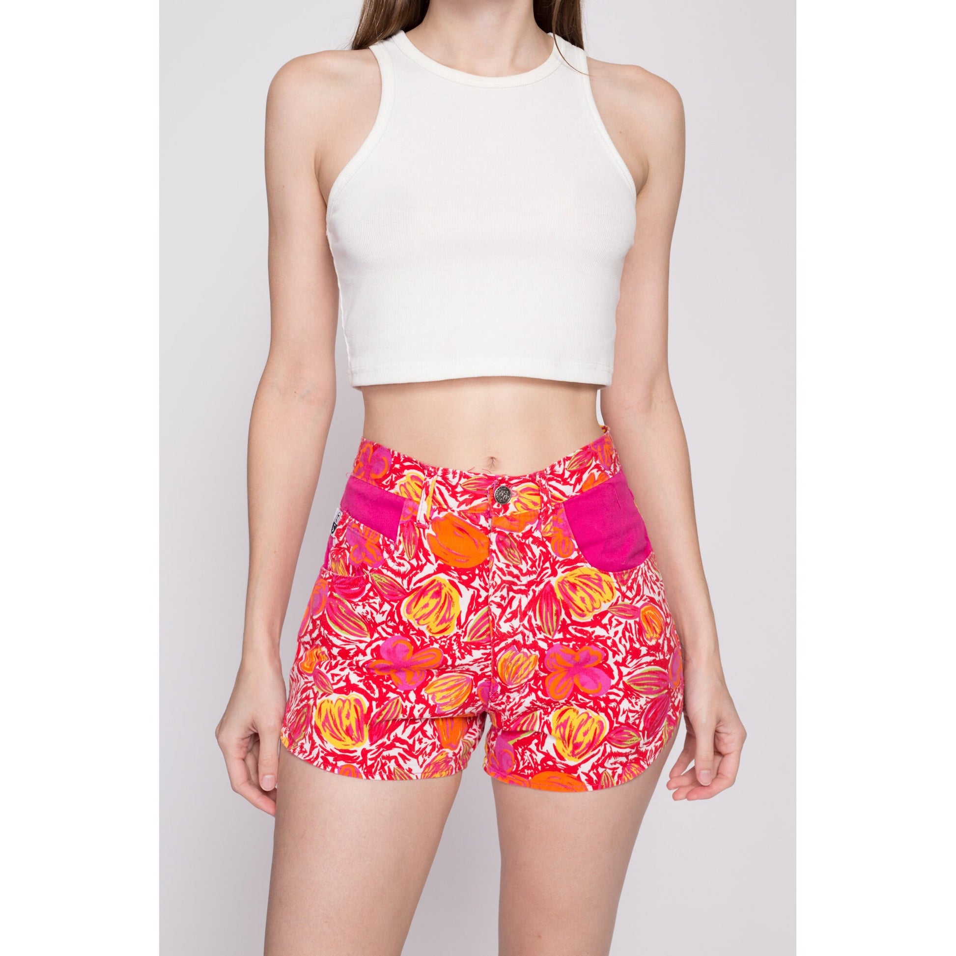 90s Hot Pink Floral Shorts - XS to Small | Vintage High Waisted Cotton Denim Retro Mini Cheeky Shorts