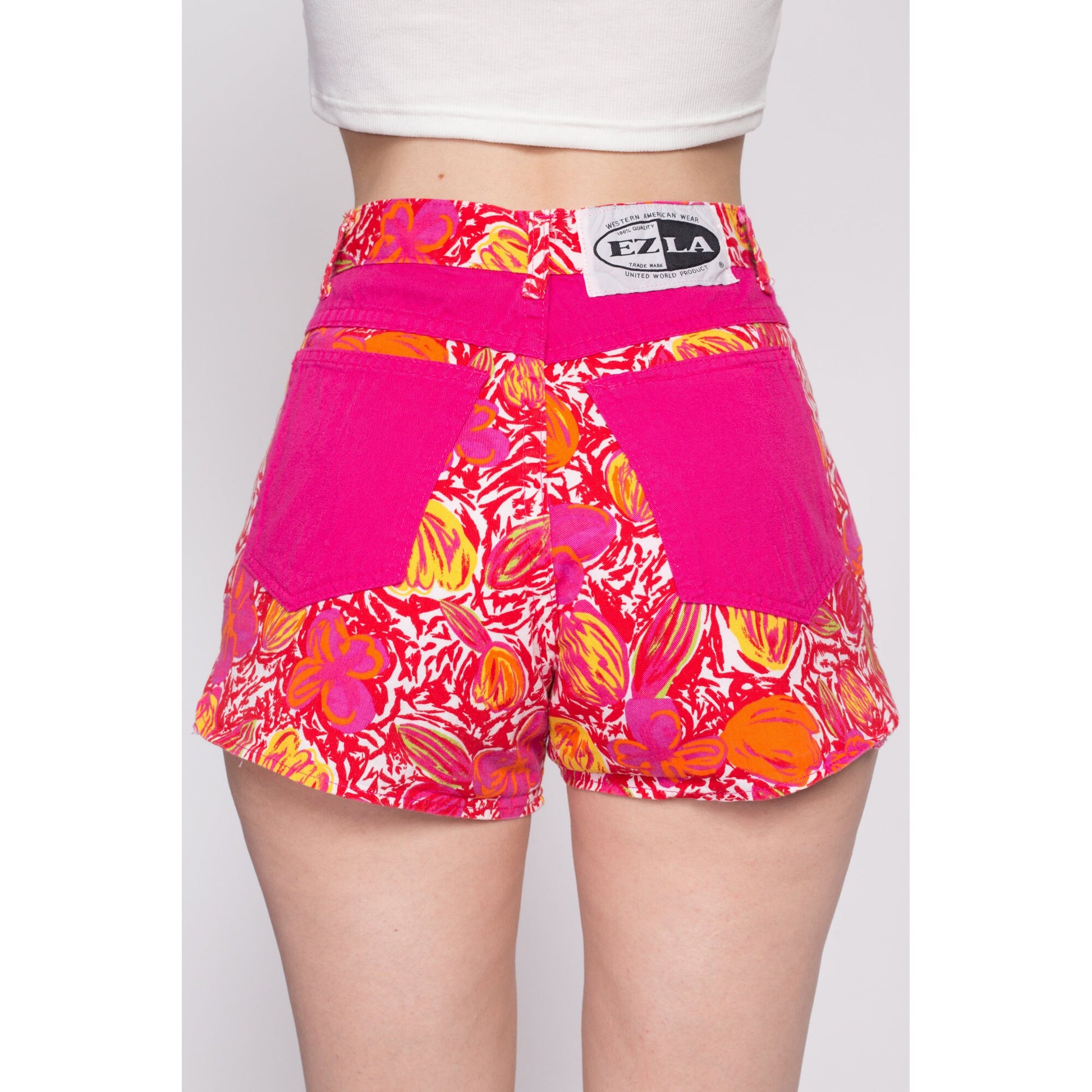 90s Hot Pink Floral Shorts - XS to Small | Vintage High Waisted Cotton Denim Retro Mini Cheeky Shorts